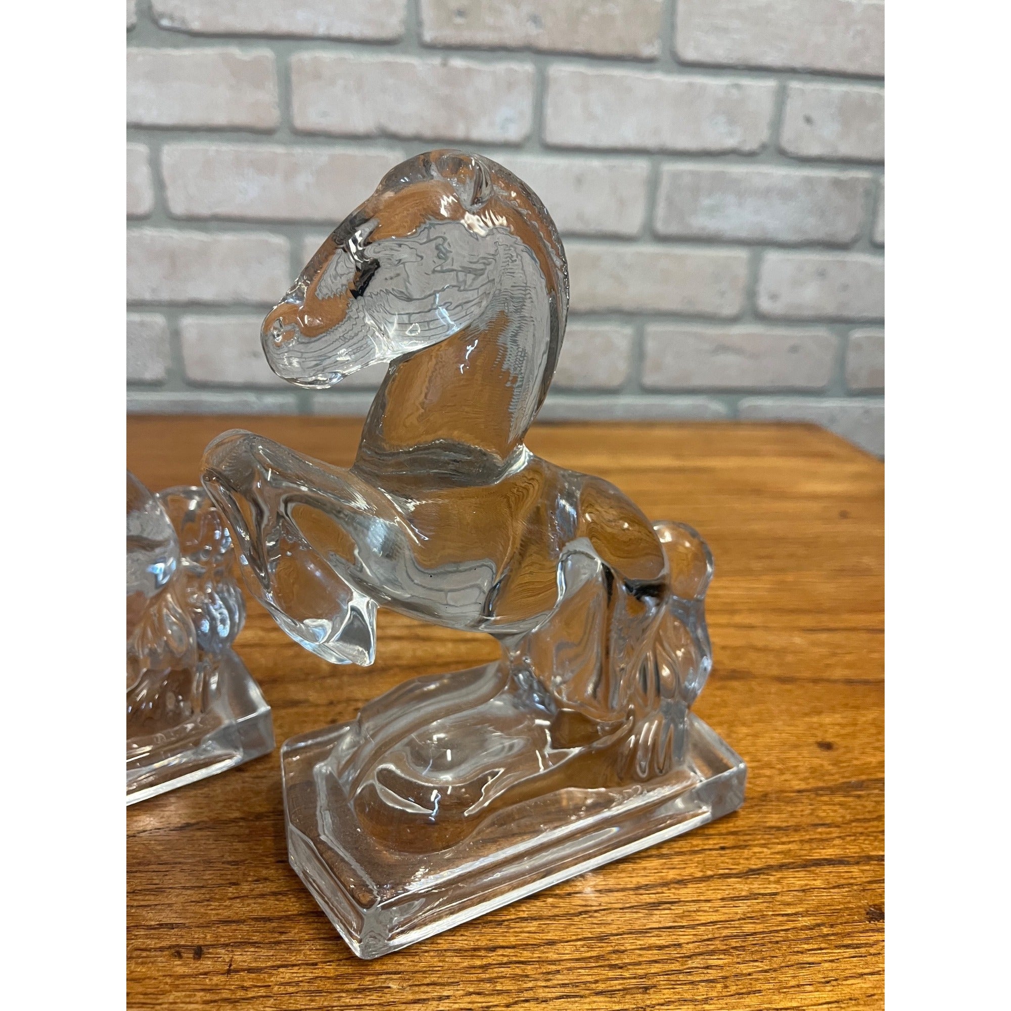 Pair Vintage Clear Art Glass Rearing Horse Stallion Bookends Figurines Decor MCM Mid-Century