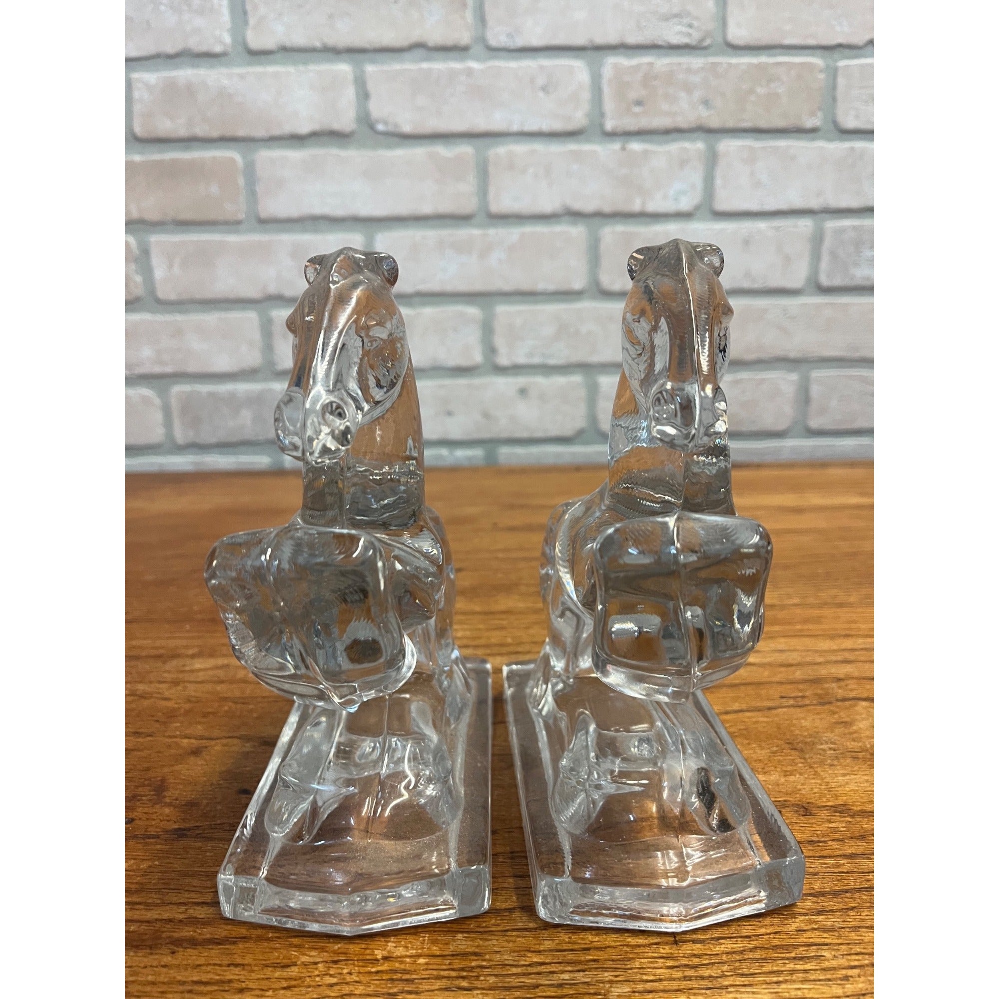 Pair Vintage Clear Art Glass Rearing Horse Stallion Bookends Figurines Decor MCM Mid-Century