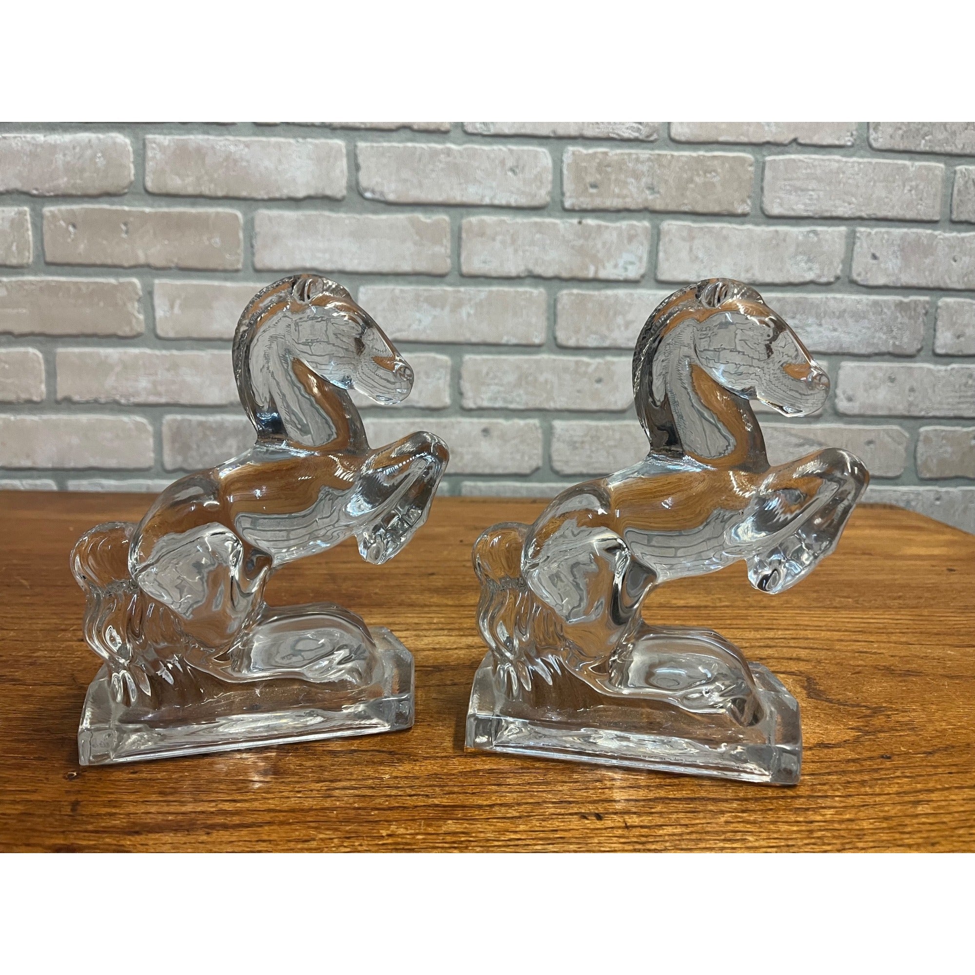 Pair Vintage Clear Art Glass Rearing Horse Stallion Bookends Figurines Decor MCM Mid-Century