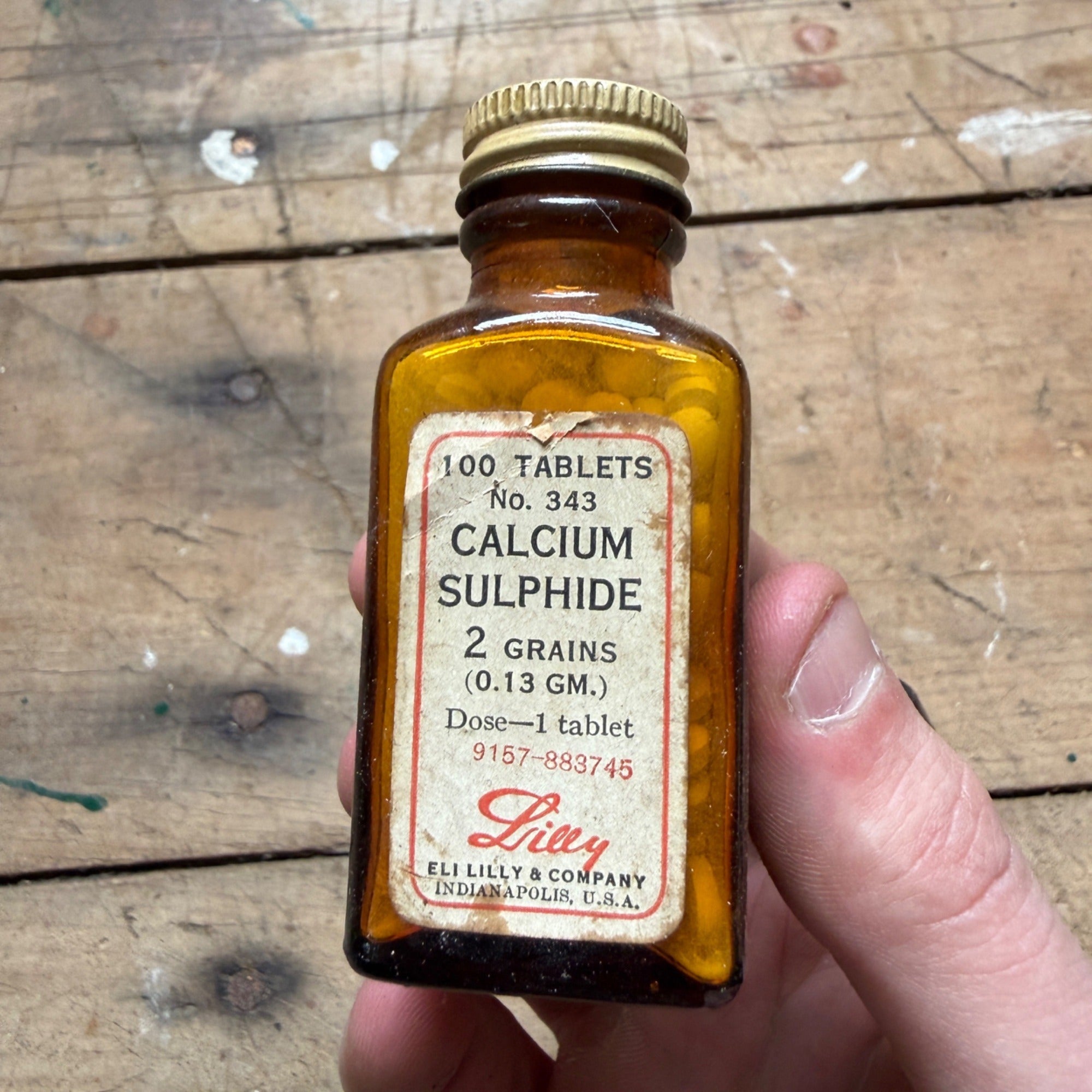 Vintage Eli Lilly Calcium Sulphide Tablets No 343 Amber Pharmacy FULL Bottle