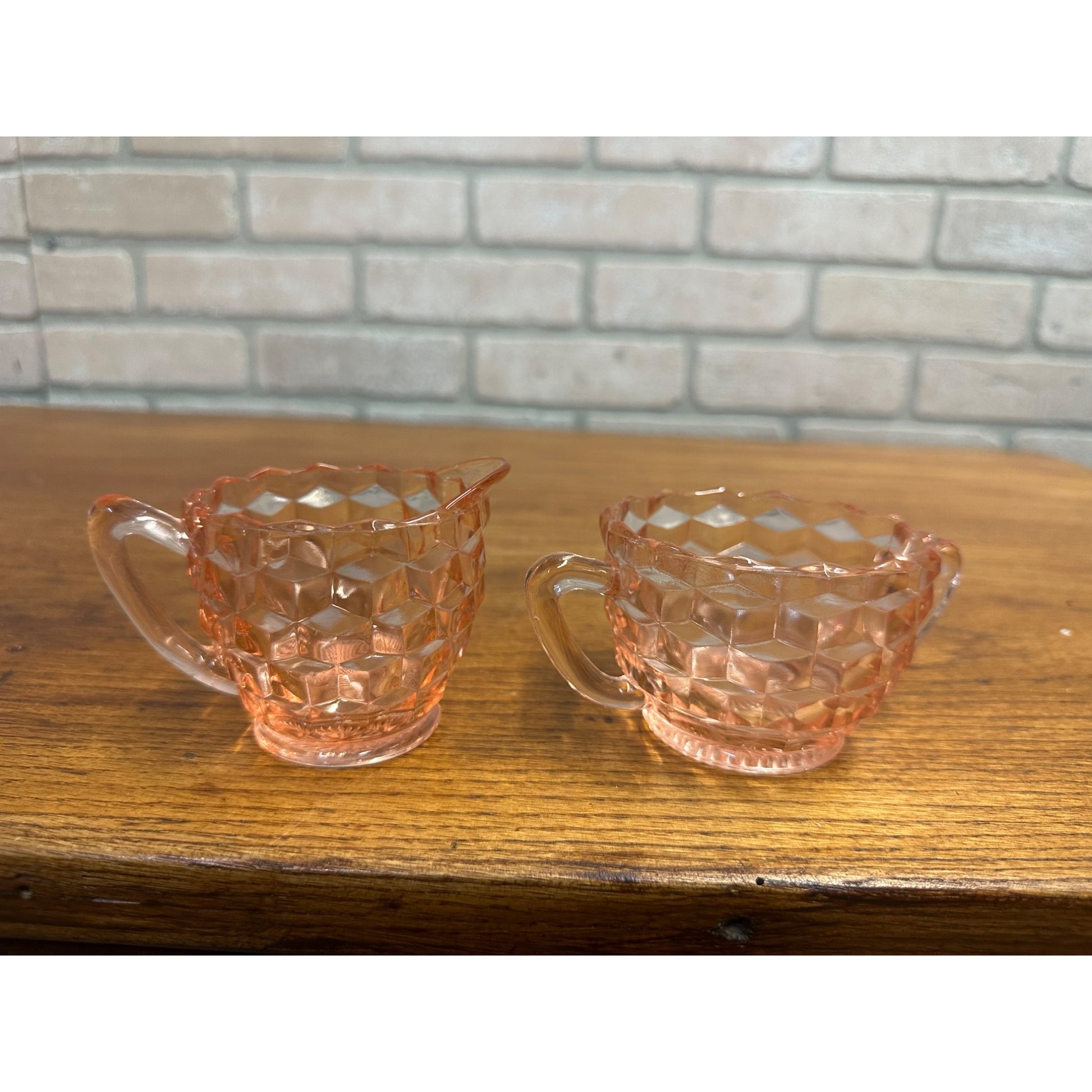 Vintage Pink Depression Glass Jeannette Glass Open Sugar Bowl And Creamer Cubist