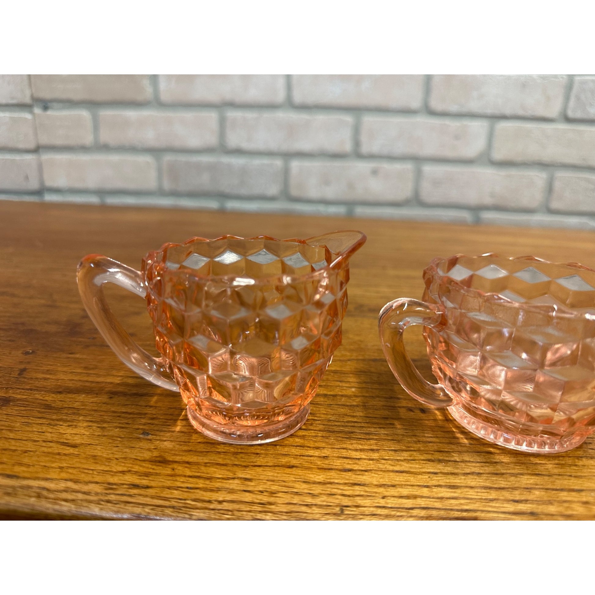 Vintage Pink Depression Glass Jeannette Glass Open Sugar Bowl And Creamer Cubist