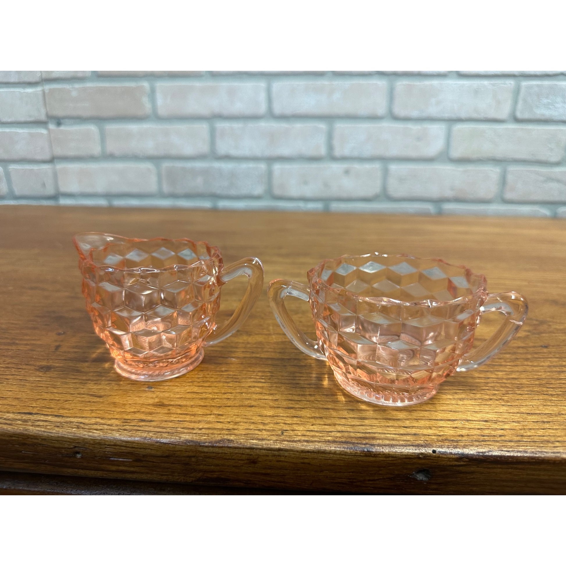 Vintage Pink Depression Glass Jeannette Glass Open Sugar Bowl And Creamer Cubist