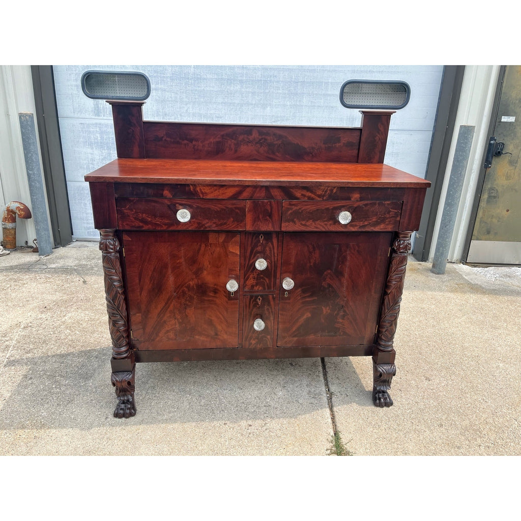 Antique 1800s Empire Flame Mahogany Buffet Kitchen Sideboard w/ Carved Claw Feet
