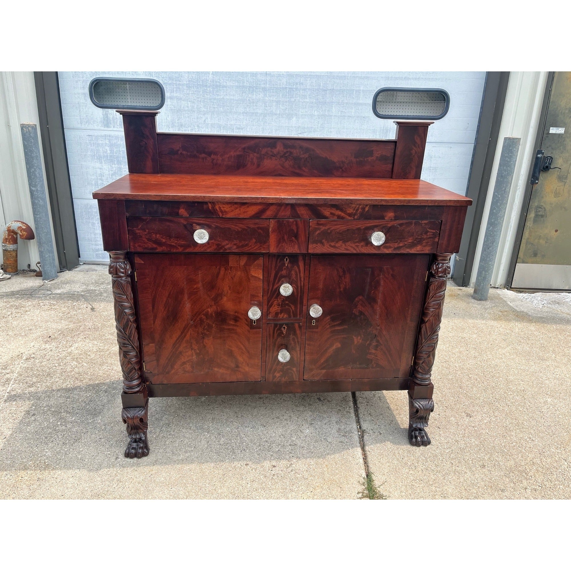 Antique 1800s Empire Flame Mahogany Buffet Kitchen Sideboard w/ Carved Claw Feet