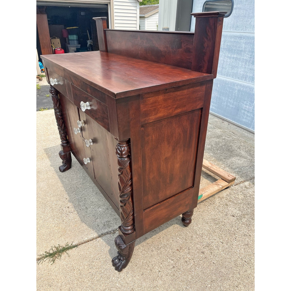 Antique 1800s Empire Flame Mahogany Buffet Kitchen Sideboard w/ Carved Claw Feet