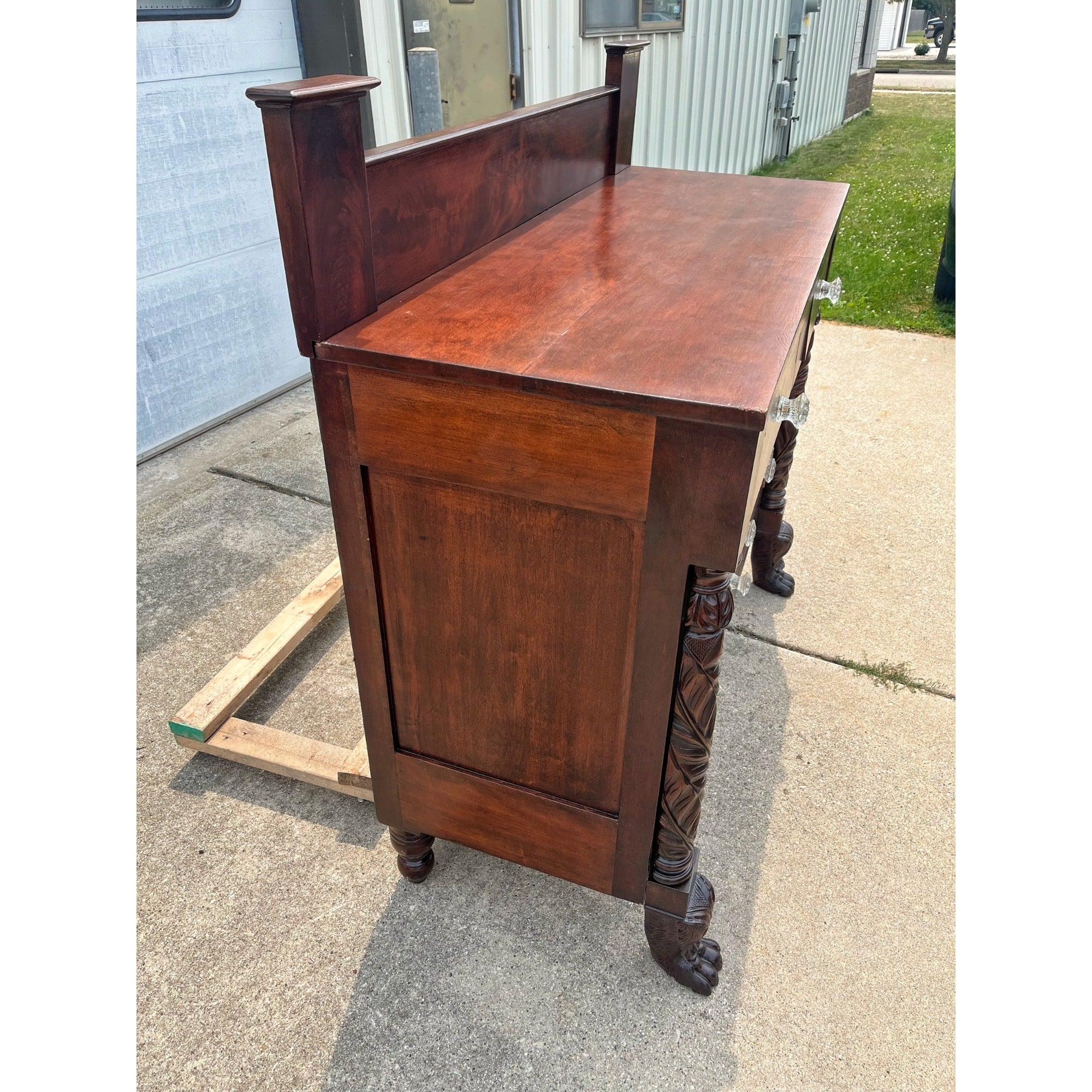Antique 1800s Empire Flame Mahogany Buffet Kitchen Sideboard w/ Carved Claw Feet