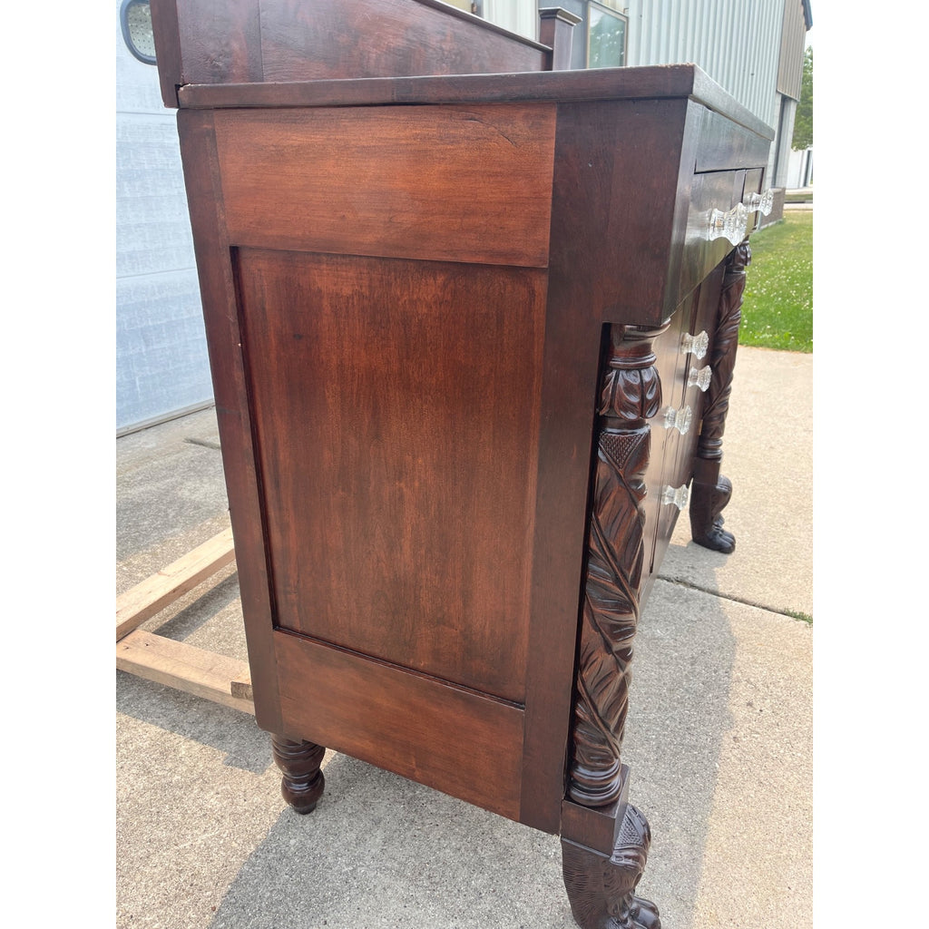 Antique 1800s Empire Flame Mahogany Buffet Kitchen Sideboard w/ Carved Claw Feet