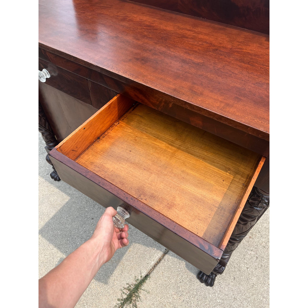 Antique 1800s Empire Flame Mahogany Buffet Kitchen Sideboard w/ Carved Claw Feet