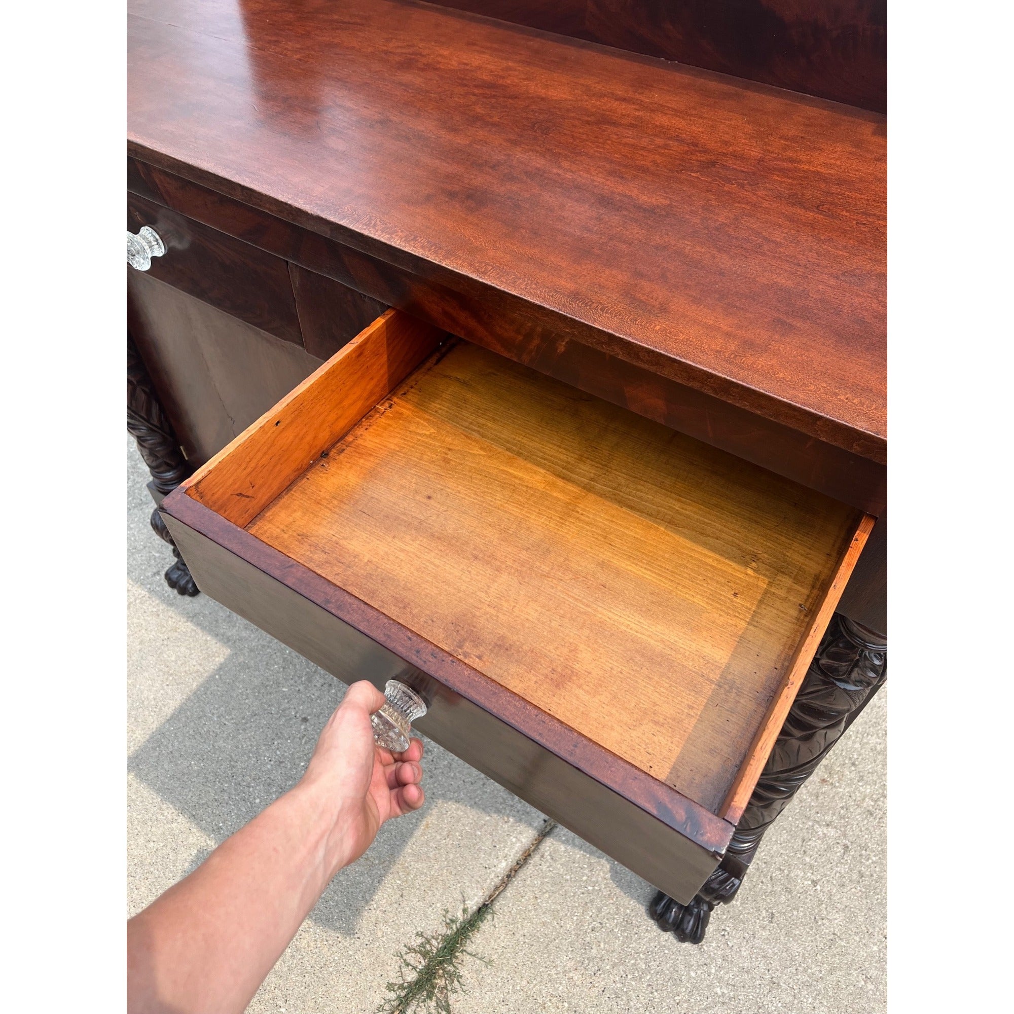 Antique 1800s Empire Flame Mahogany Buffet Kitchen Sideboard w/ Carved Claw Feet