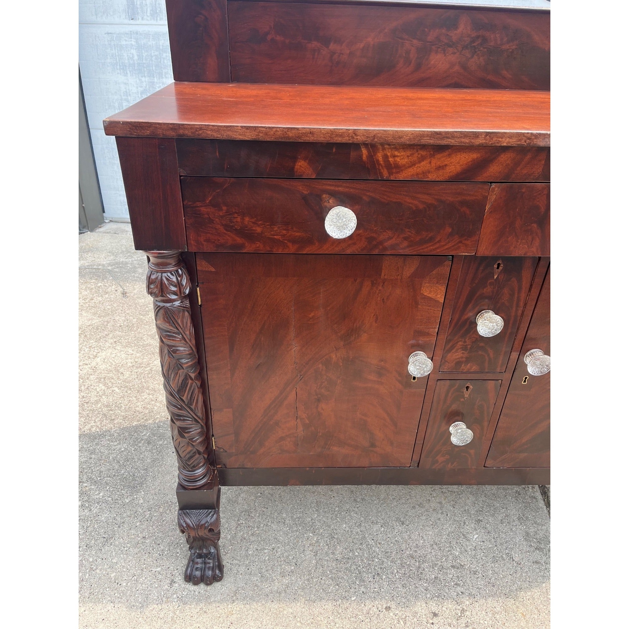 Antique 1800s Empire Flame Mahogany Buffet Kitchen Sideboard w/ Carved Claw Feet