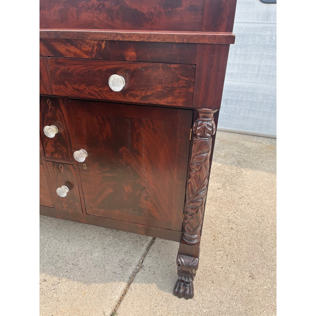 Antique 1800s Empire Flame Mahogany Buffet Kitchen Sideboard w/ Carved Claw Feet