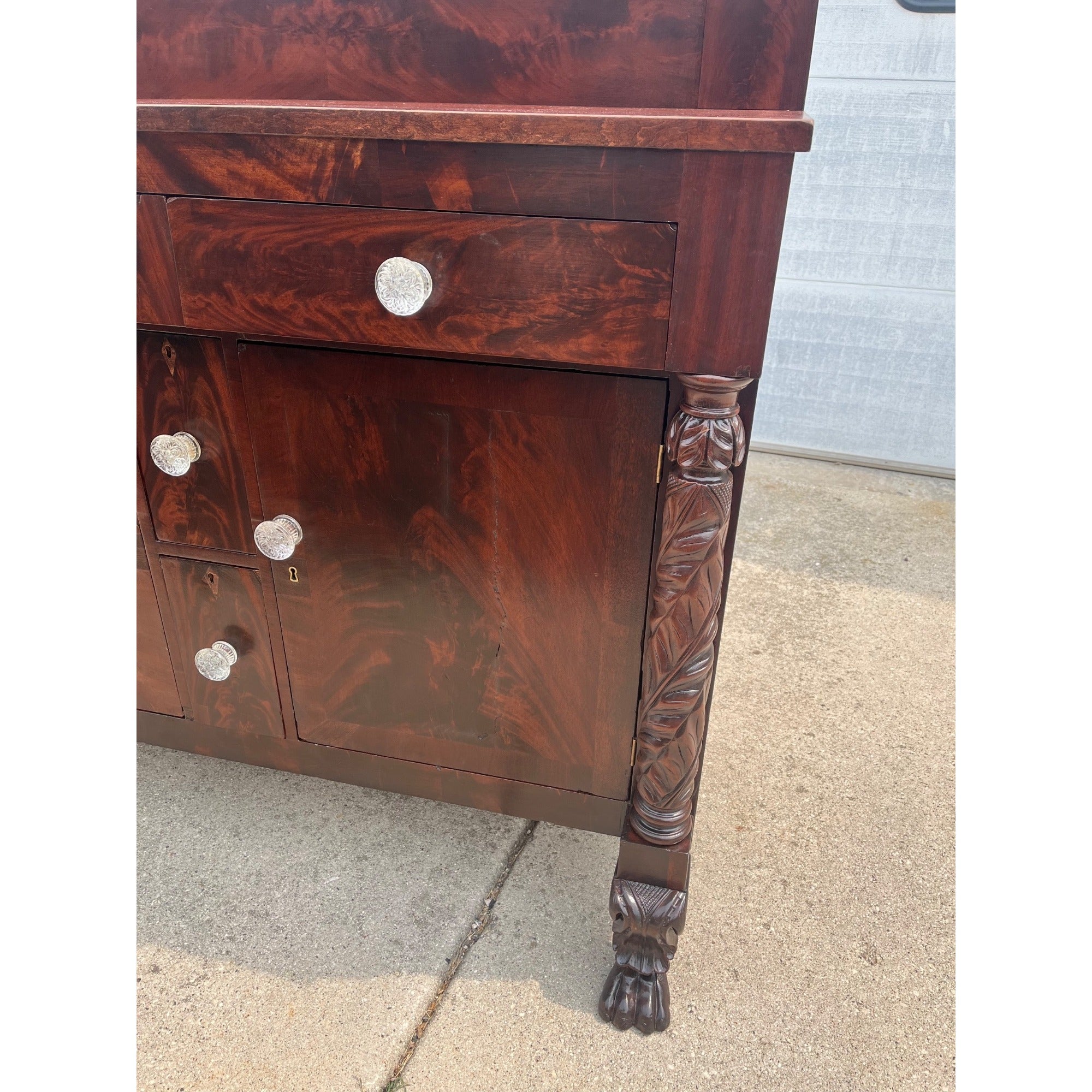 Antique 1800s Empire Flame Mahogany Buffet Kitchen Sideboard w/ Carved Claw Feet