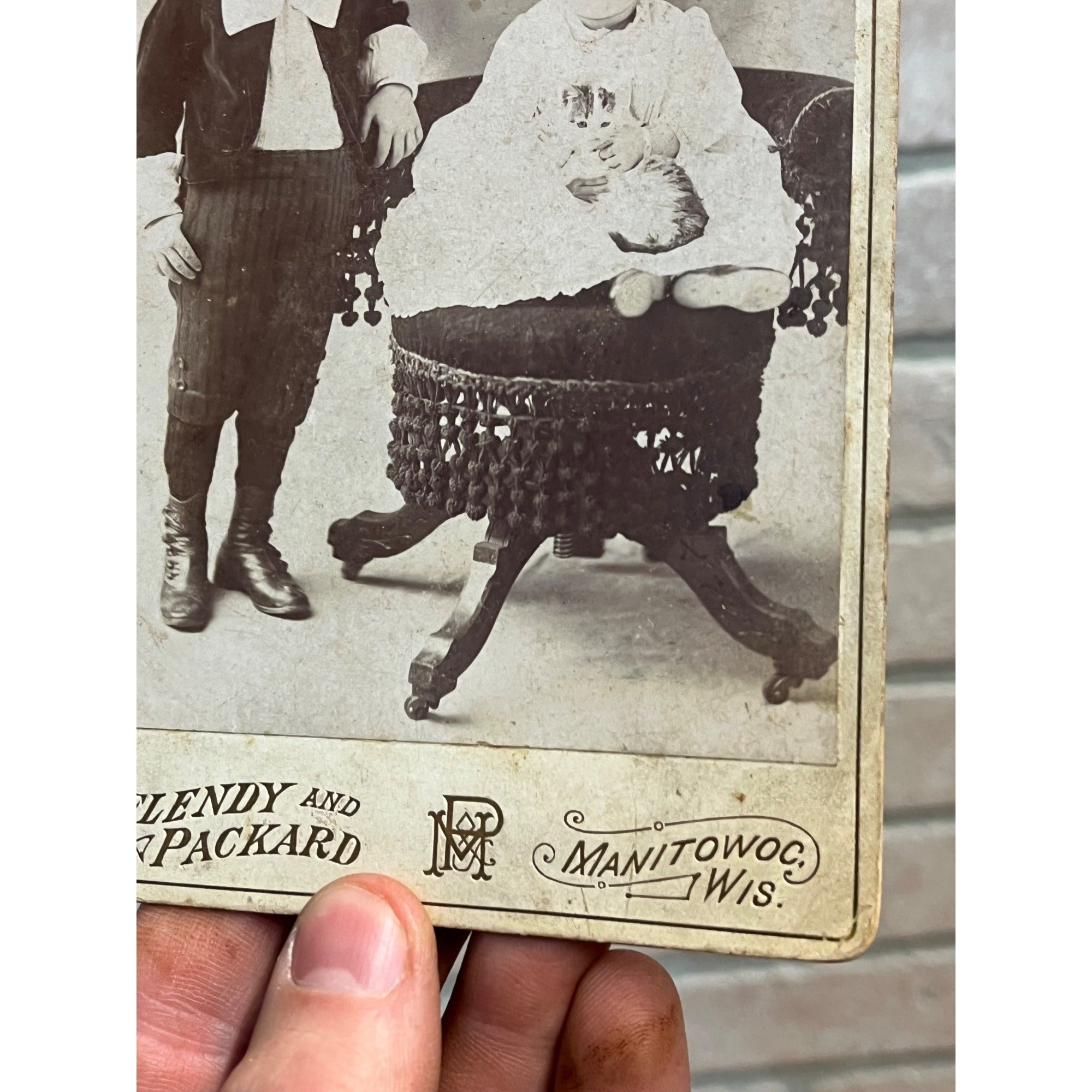 Antique 1880s Cabinet Photo Boy & Girl Holding Cute Kitten Cat Manitowoc Wis