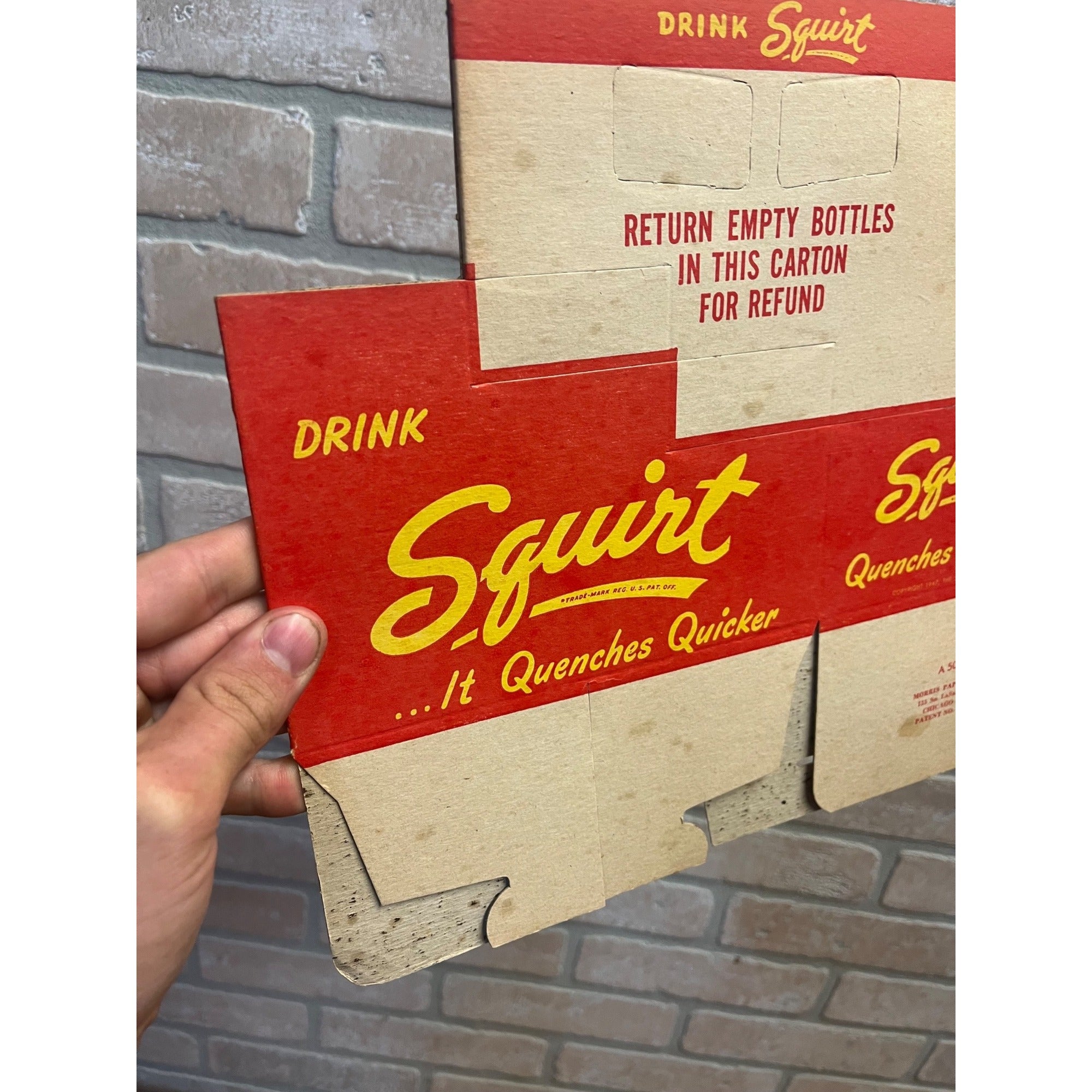 Vintage Early Red Squirt NOS Soda Carrier Totes Advertising Bottle Carrier