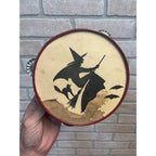 RARE Vintage 1930s Halloween Witch Flying Tambourine Noisemaker Bats Cat