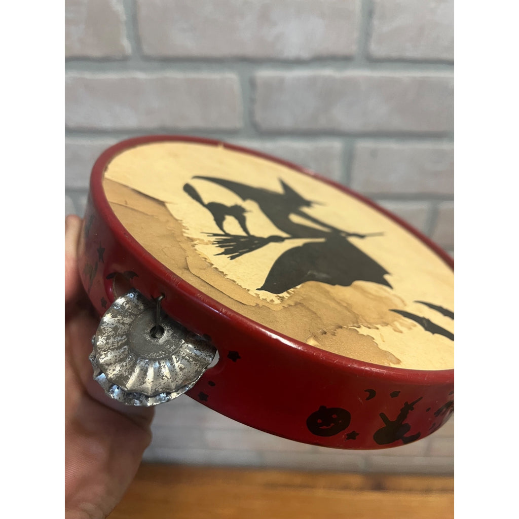 RARE Vintage 1930s Halloween Witch Flying Tambourine Noisemaker Bats Cat