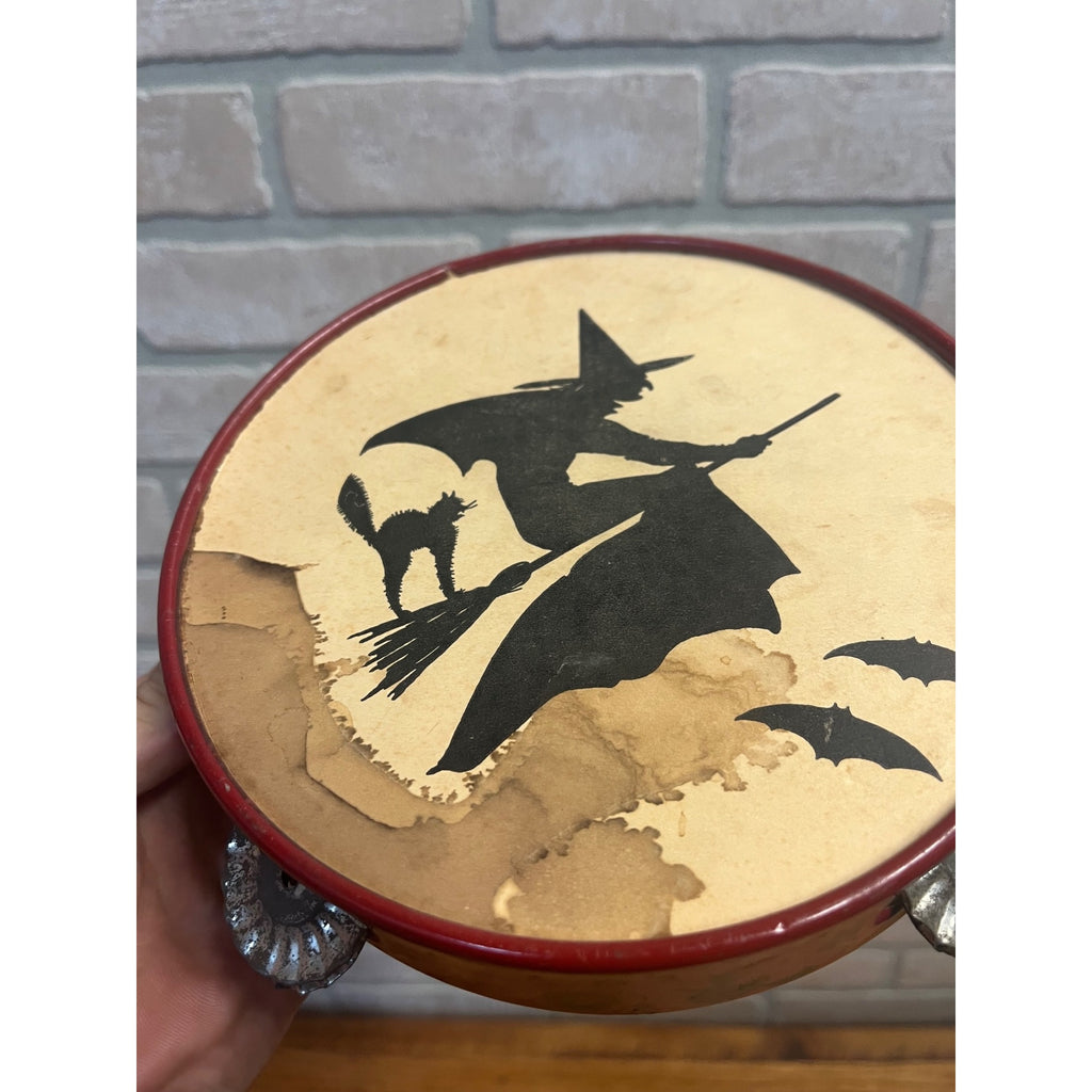 RARE Vintage 1930s Halloween Witch Flying Tambourine Noisemaker Bats Cat