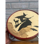 RARE Vintage 1930s Halloween Witch Flying Tambourine Noisemaker Bats Cat