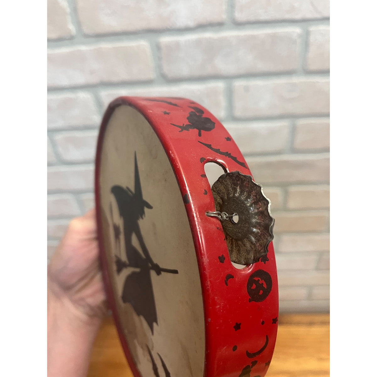 RARE Vintage 1930s Halloween Witch Flying Tambourine Noisemaker Bats Cat