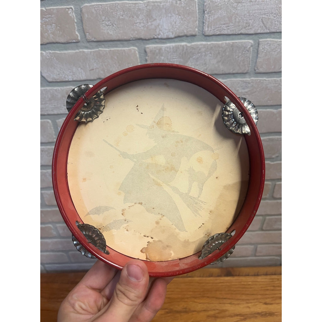 RARE Vintage 1930s Halloween Witch Flying Tambourine Noisemaker Bats Cat