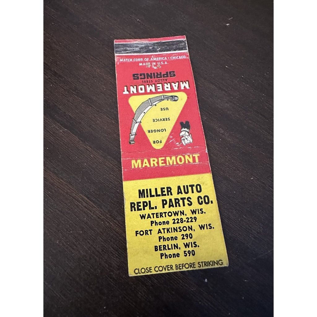 Vintage 1940s Maremont Auto Springs Advertising Matchbook Watertown Wis Miller
