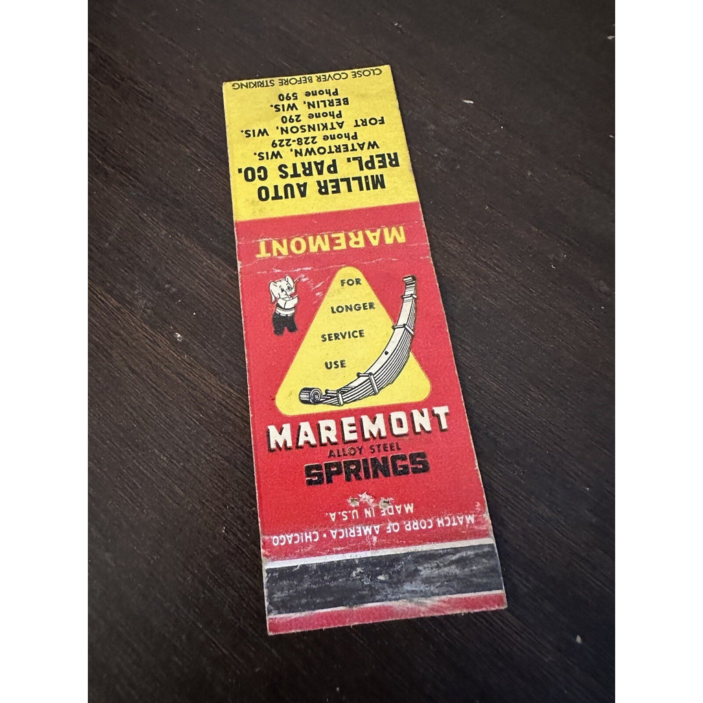 Vintage 1940s Maremont Auto Springs Advertising Matchbook Watertown Wis Miller