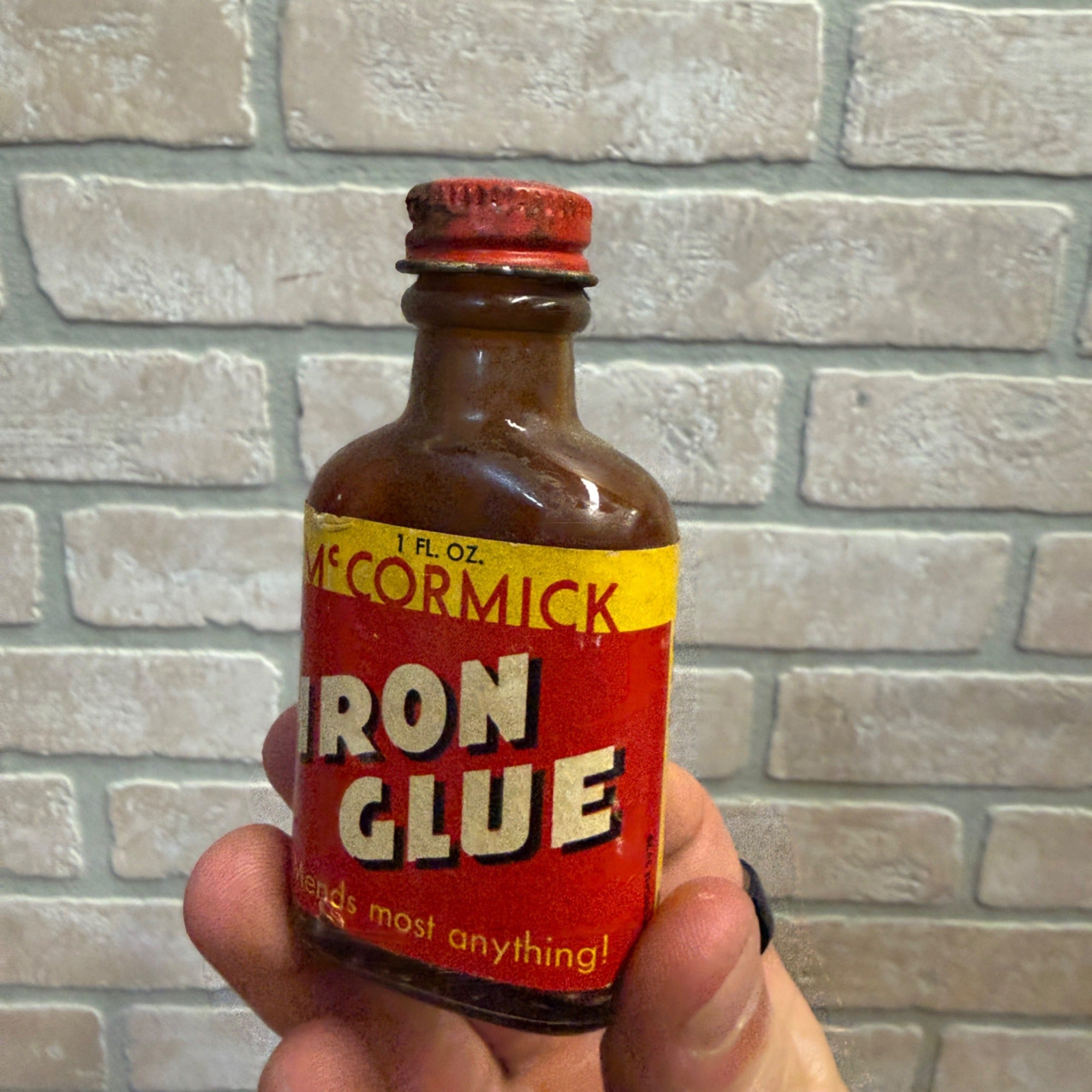 Vintage 1950's 1-1/4 oz McCormick's Iron Glue Mostly Full Small Bottle w Label