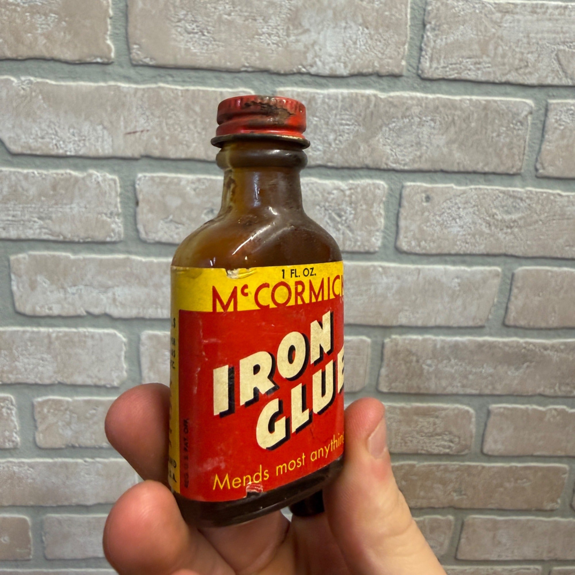 Vintage 1950's 1-1/4 oz McCormick's Iron Glue Mostly Full Small Bottle w Label