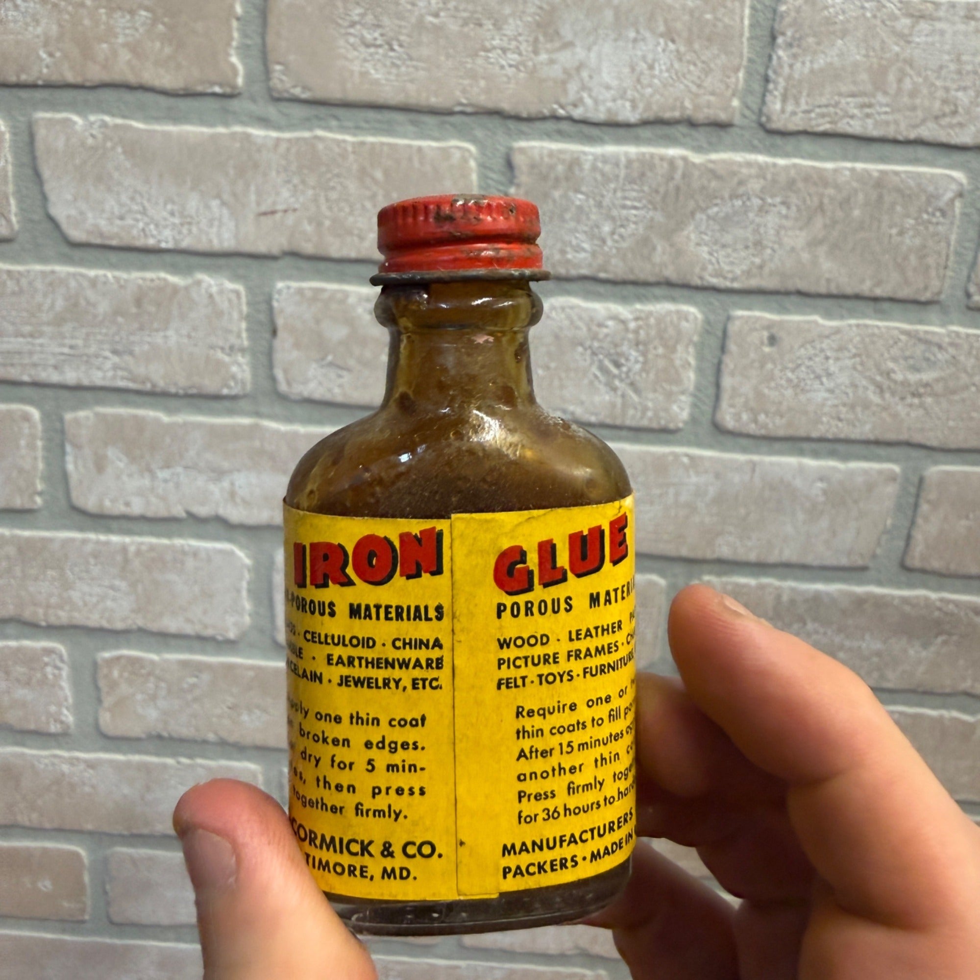 Vintage 1950's 1-1/4 oz McCormick's Iron Glue Mostly Full Small Bottle w Label