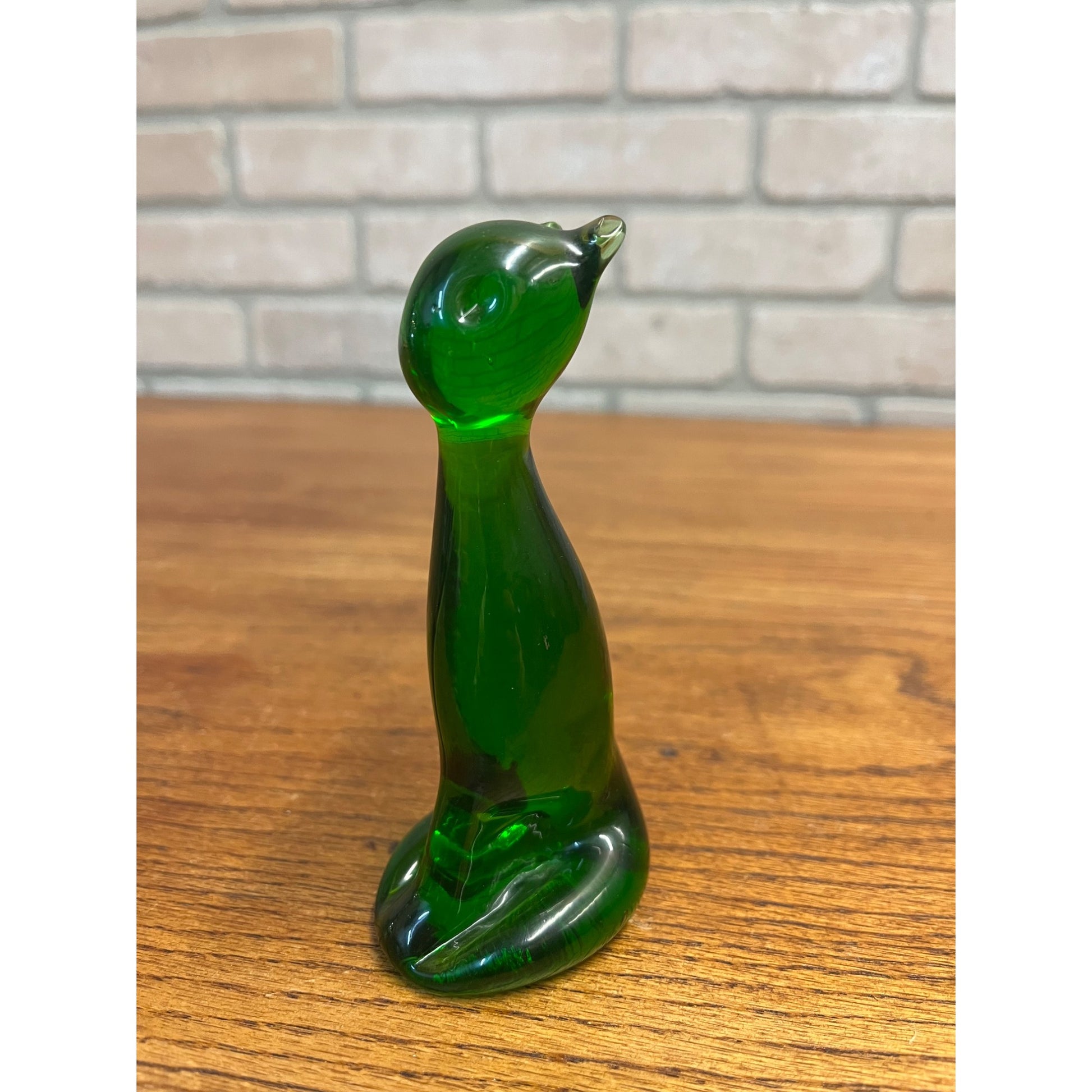 Vintage MCM Olive Green Glass Cat Figurine -- Pilgrim Art Glass