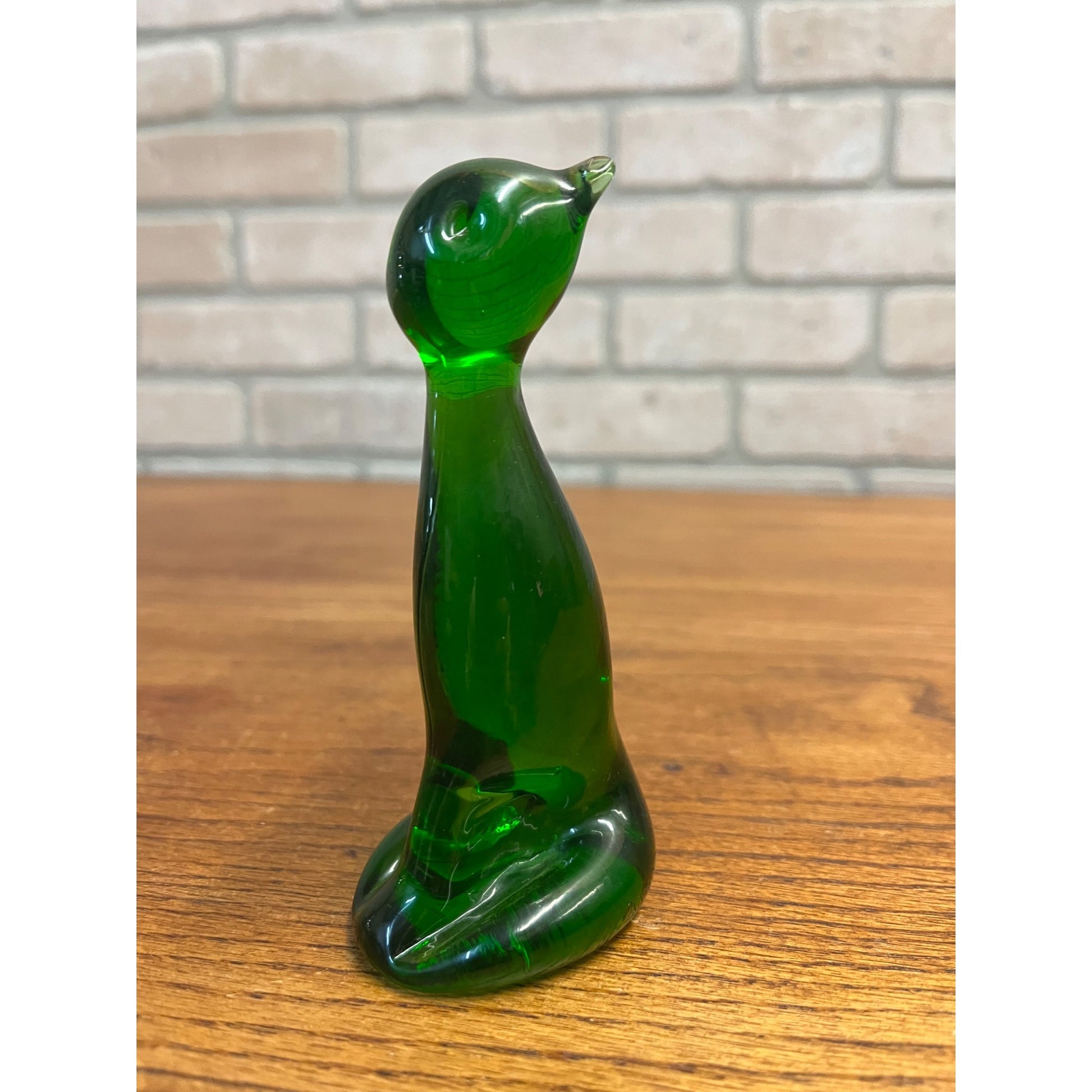 Vintage MCM Olive Green Glass Cat Figurine -- Pilgrim Art Glass