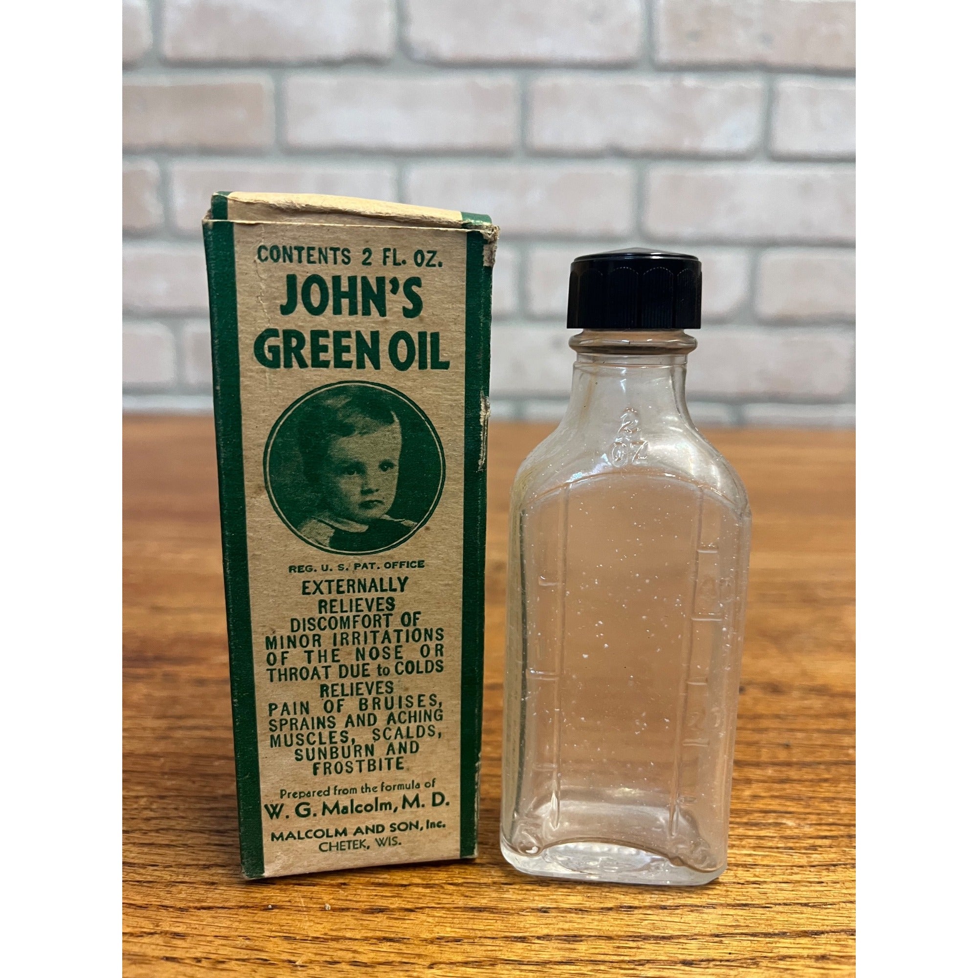 Antique John's Green Oil Drops Box Malcolm and Son Inc. Chetek, WI Wisconsin