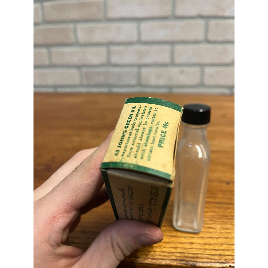 Antique John's Green Oil Drops Box Malcolm and Son Inc. Chetek, WI Wisconsin