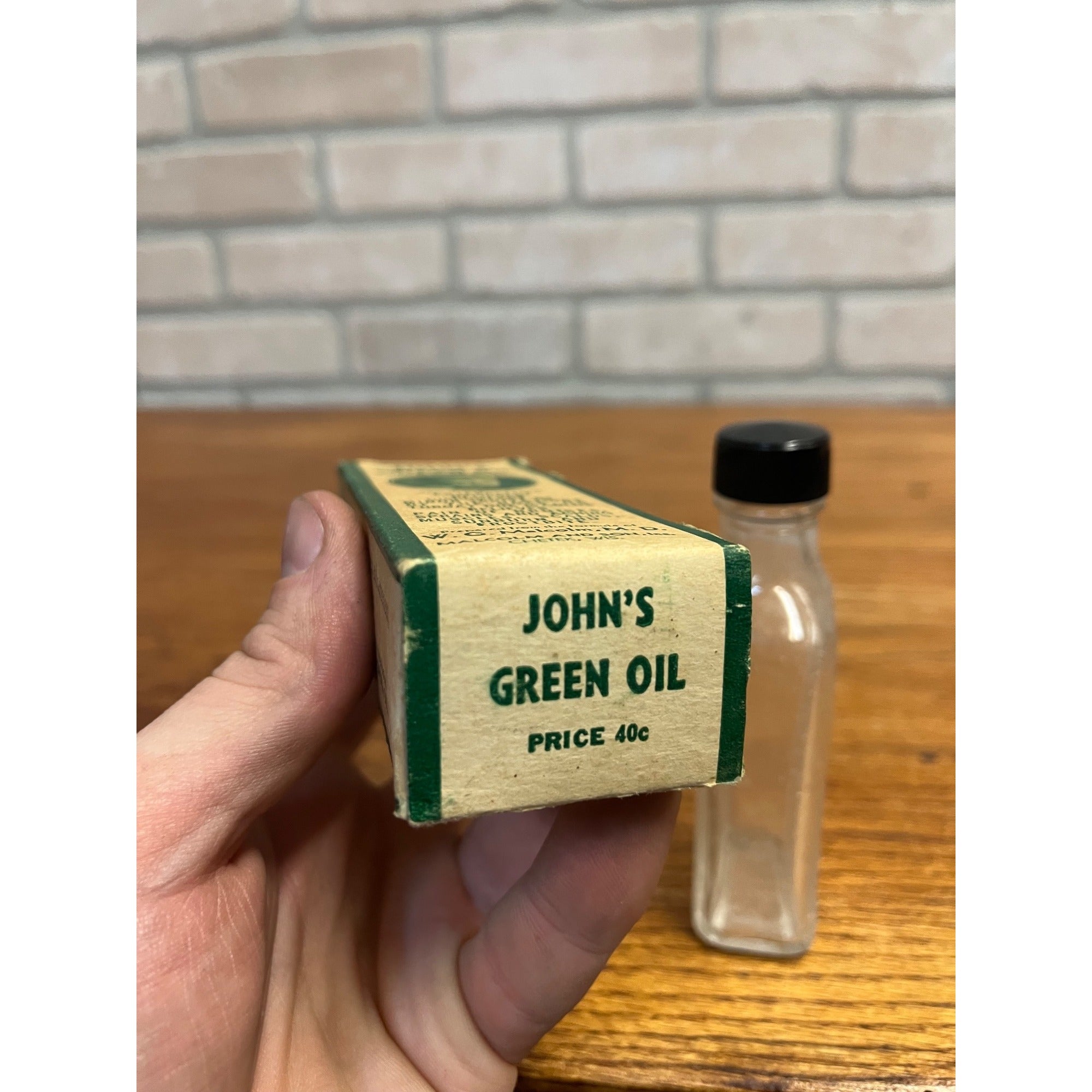 Antique John's Green Oil Drops Box Malcolm and Son Inc. Chetek, WI Wisconsin
