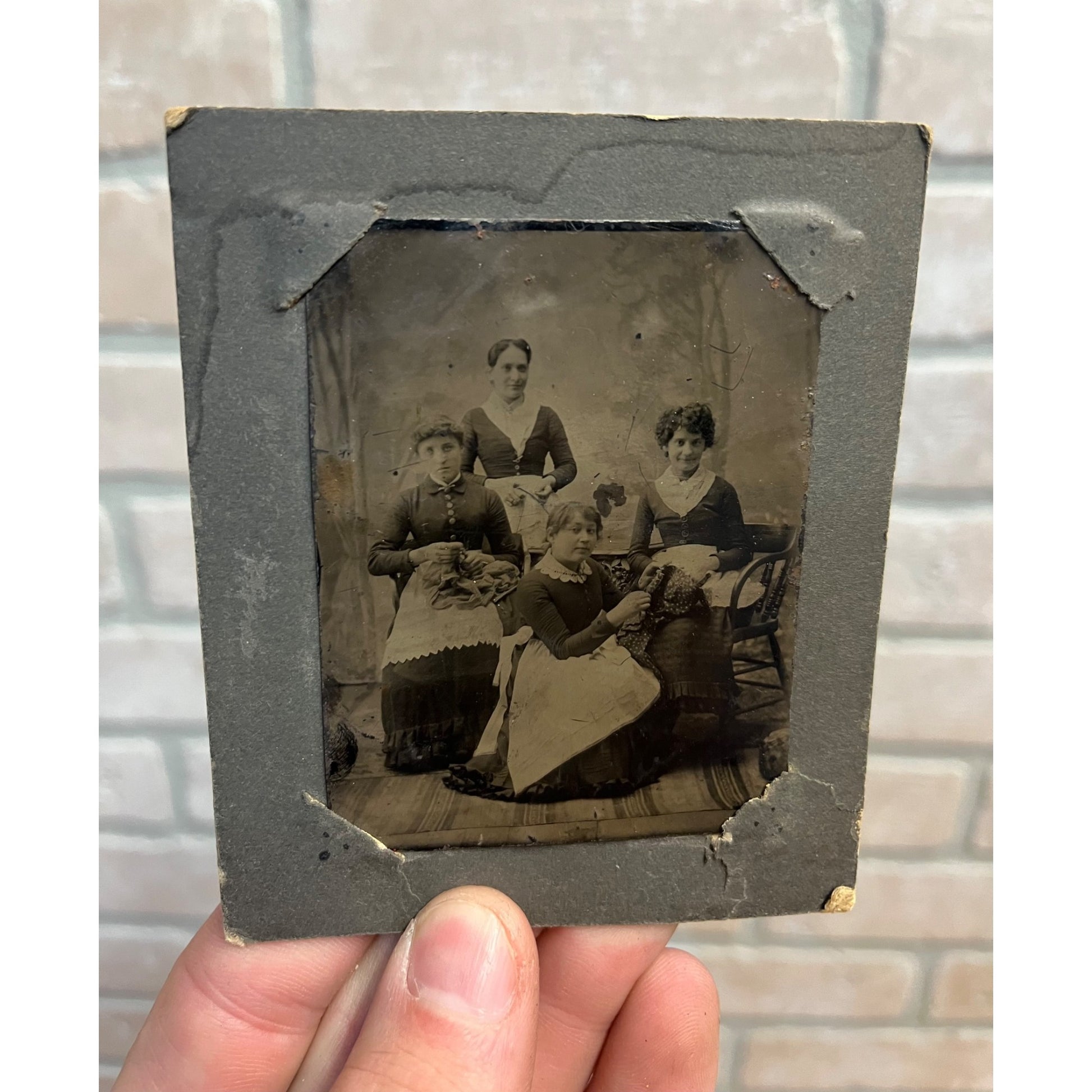 Antique Tintype Photo -- Victorian Women Knitting Crocheting -- Old Photograph
