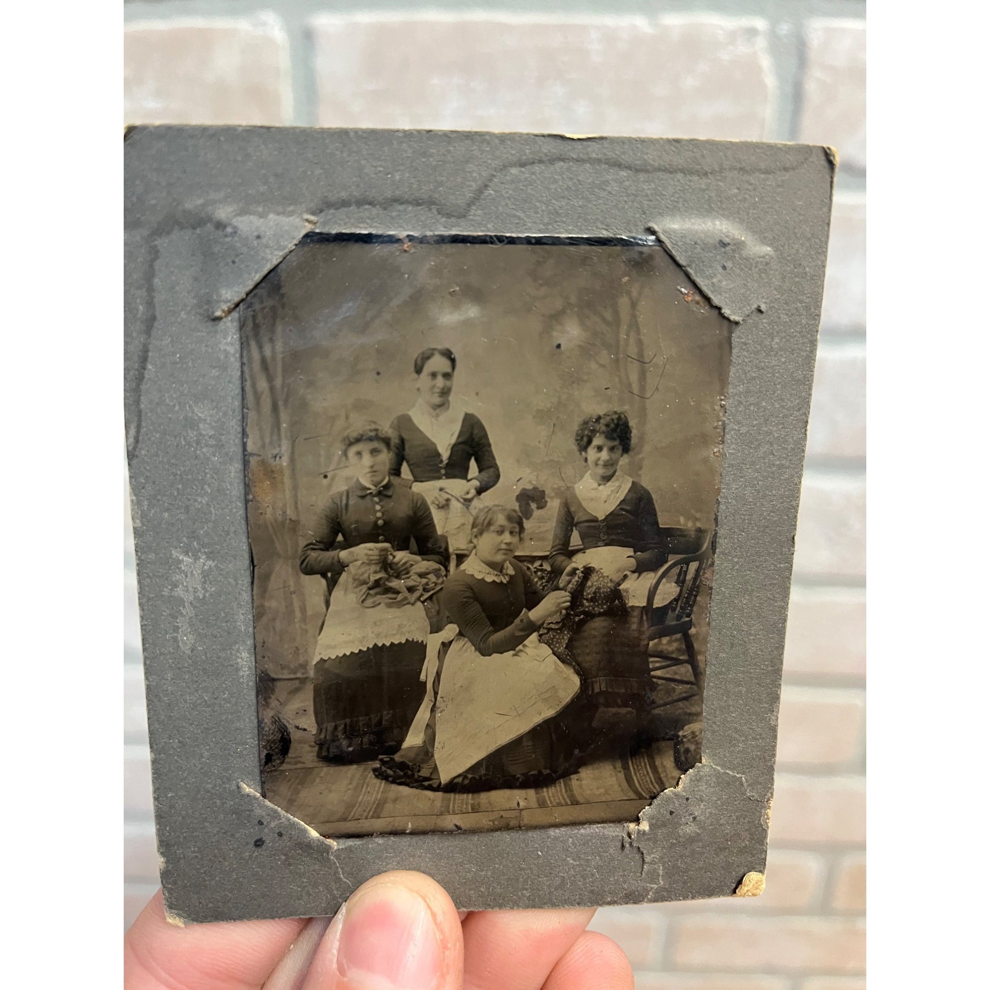 Antique Tintype Photo -- Victorian Women Knitting Crocheting -- Old Photograph