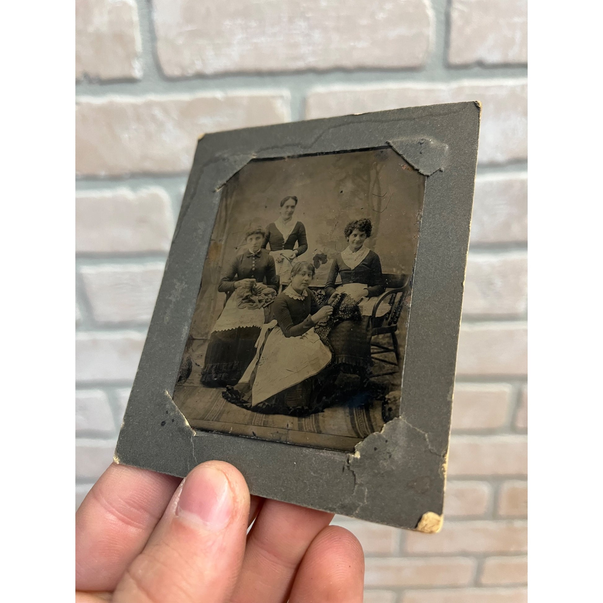 Antique Tintype Photo -- Victorian Women Knitting Crocheting -- Old Photograph
