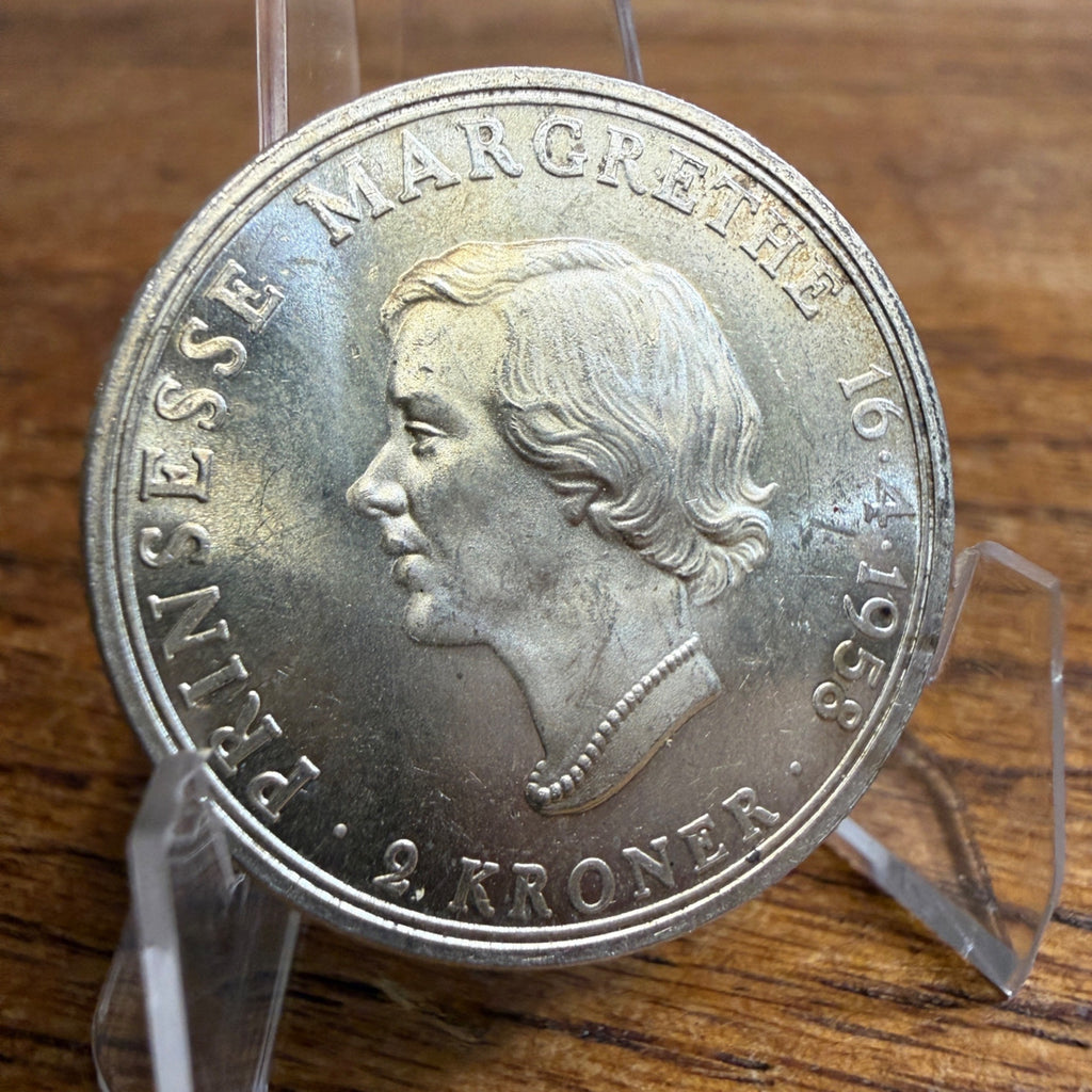 Denmark 2 Kroner 1958 Silver Coin Princess Margaret 18th