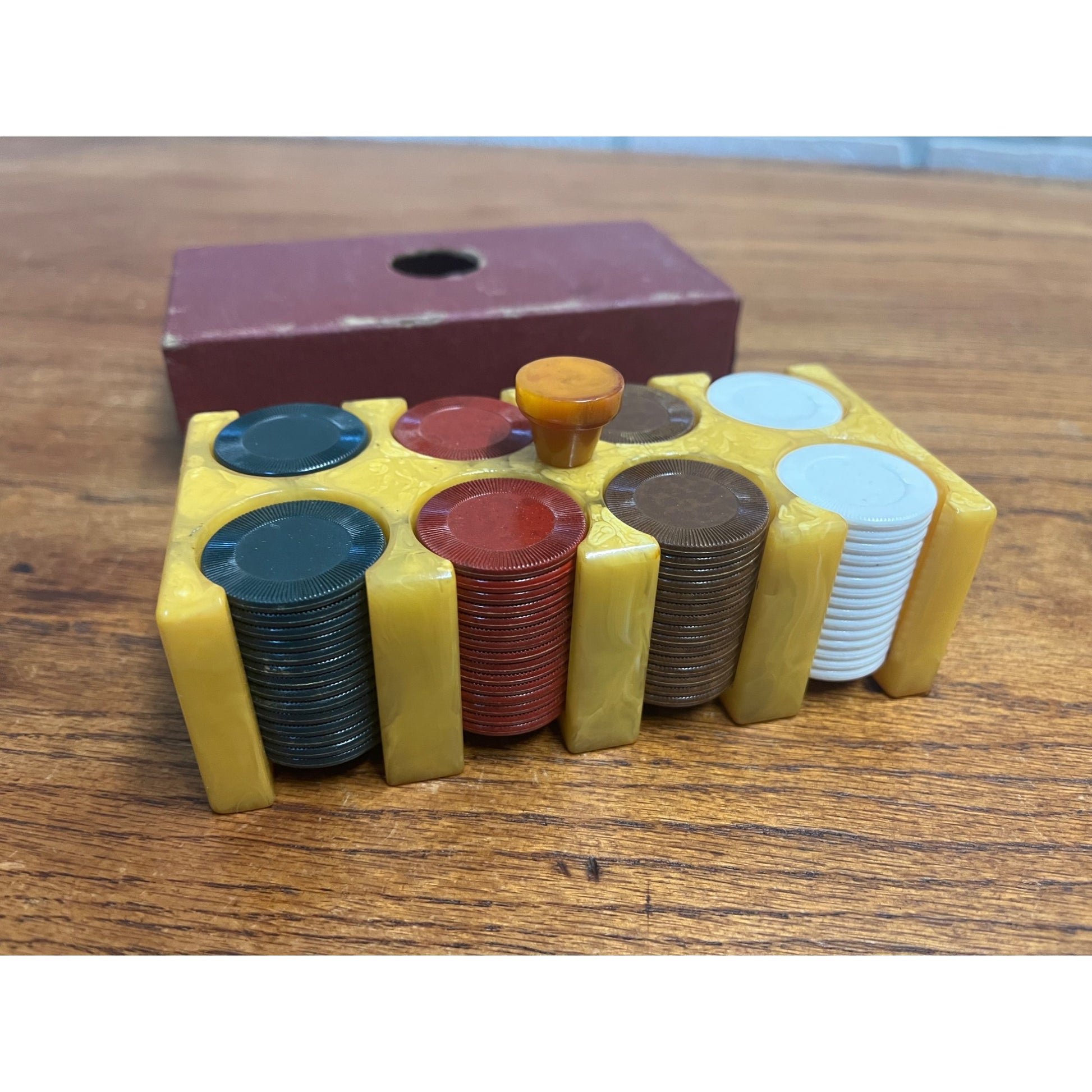 Vintage Marbled Butterscotch Catalin/Bakelite Poker Chip Caddy w/ Chips