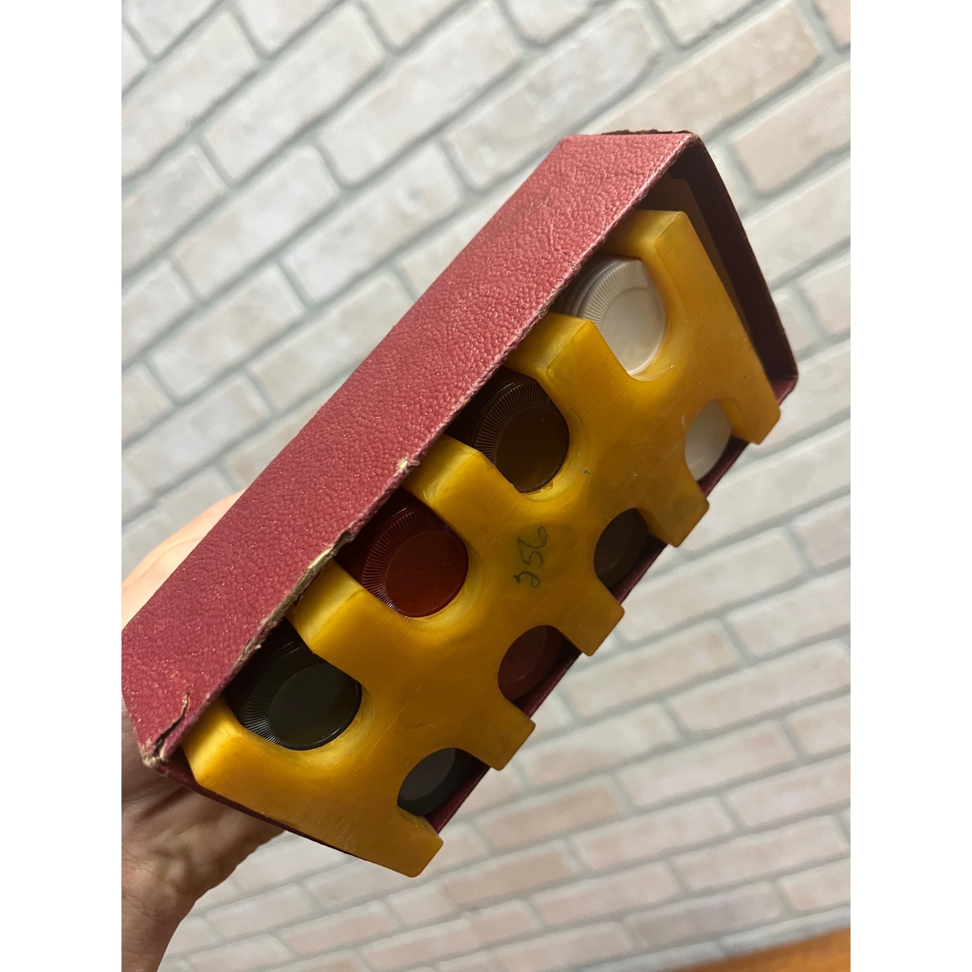 Vintage Marbled Butterscotch Catalin/Bakelite Poker Chip Caddy w/ Chips