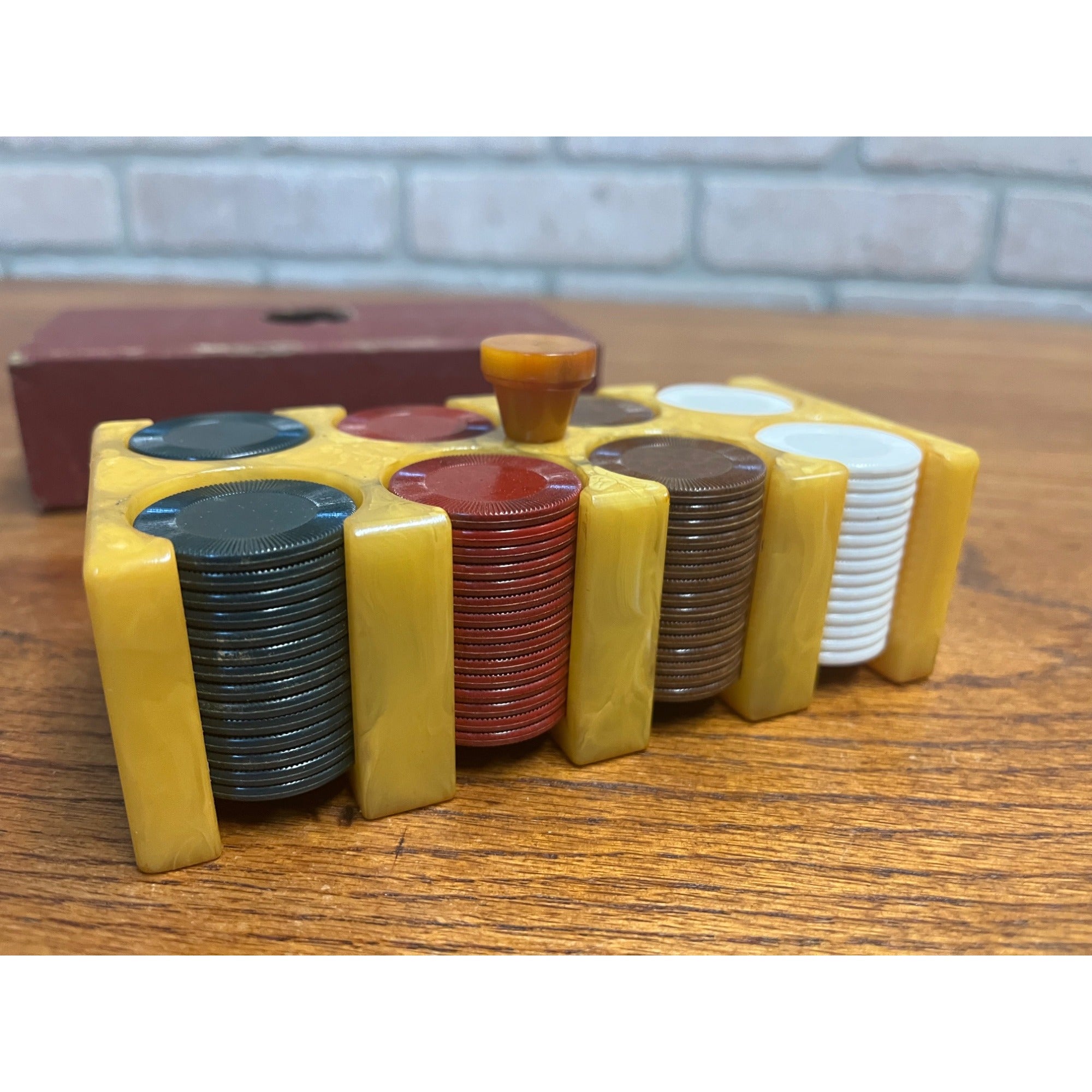 Vintage Marbled Butterscotch Catalin/Bakelite Poker Chip Caddy w/ Chips