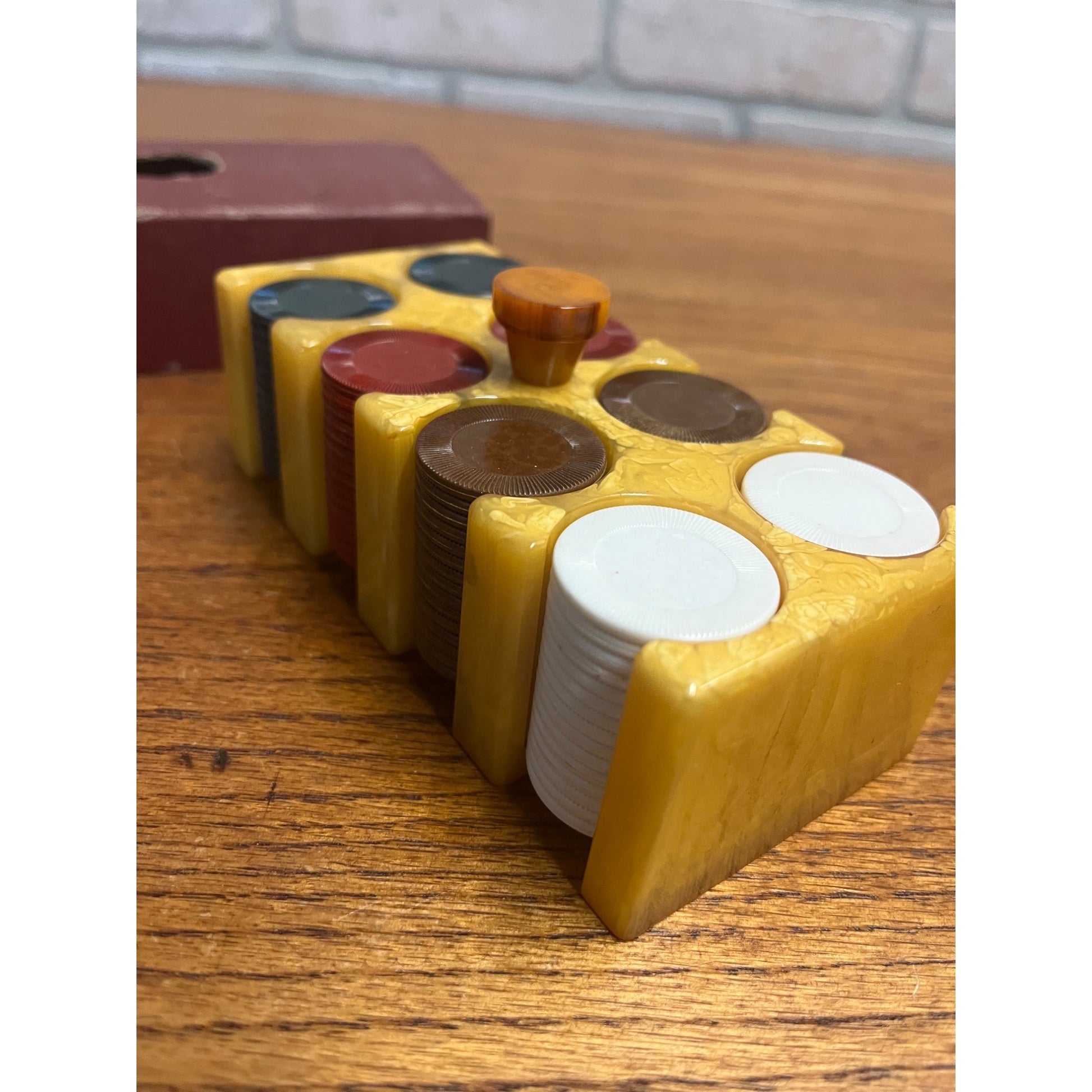 Vintage Marbled Butterscotch Catalin/Bakelite Poker Chip Caddy w/ Chips