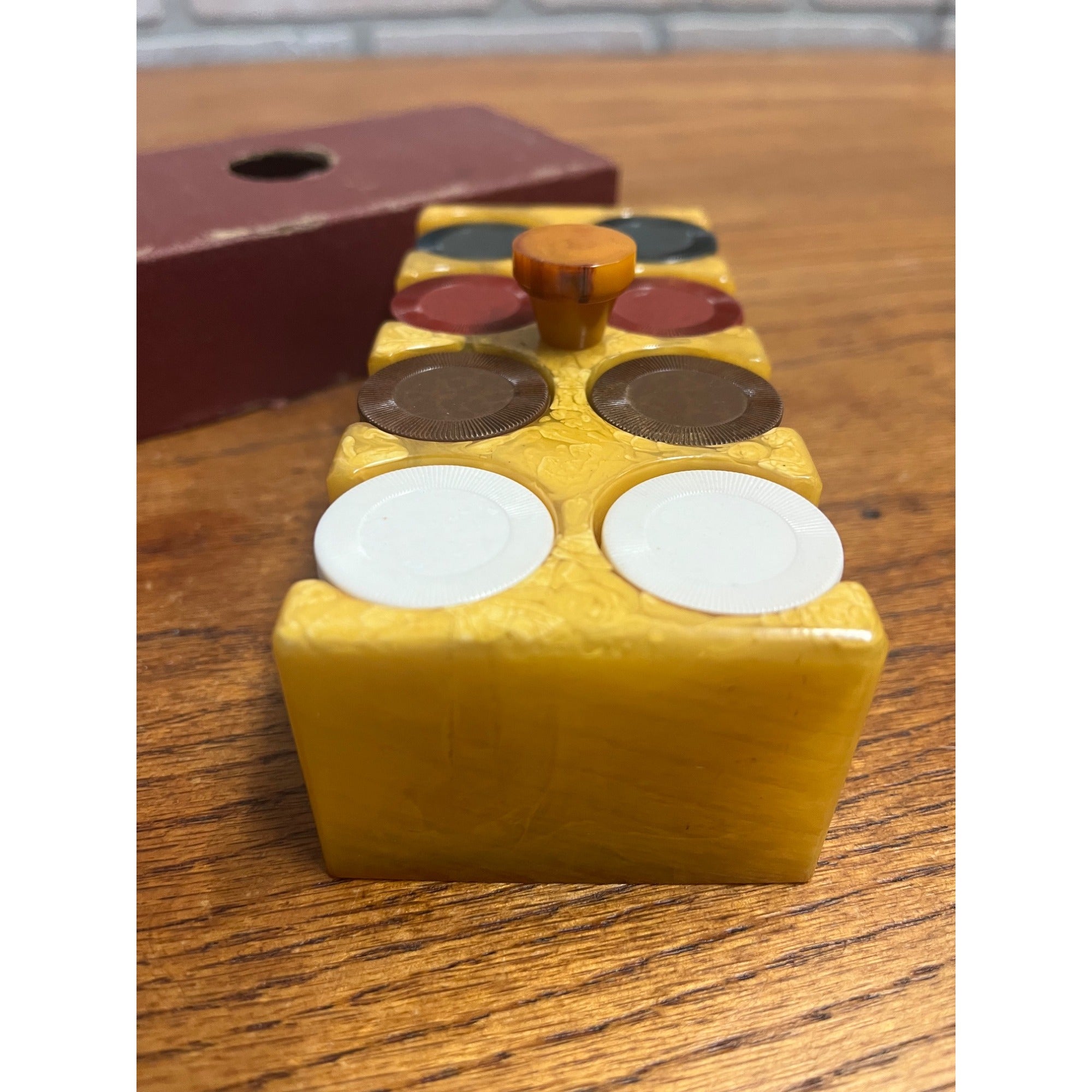 Vintage Marbled Butterscotch Catalin/Bakelite Poker Chip Caddy w/ Chips