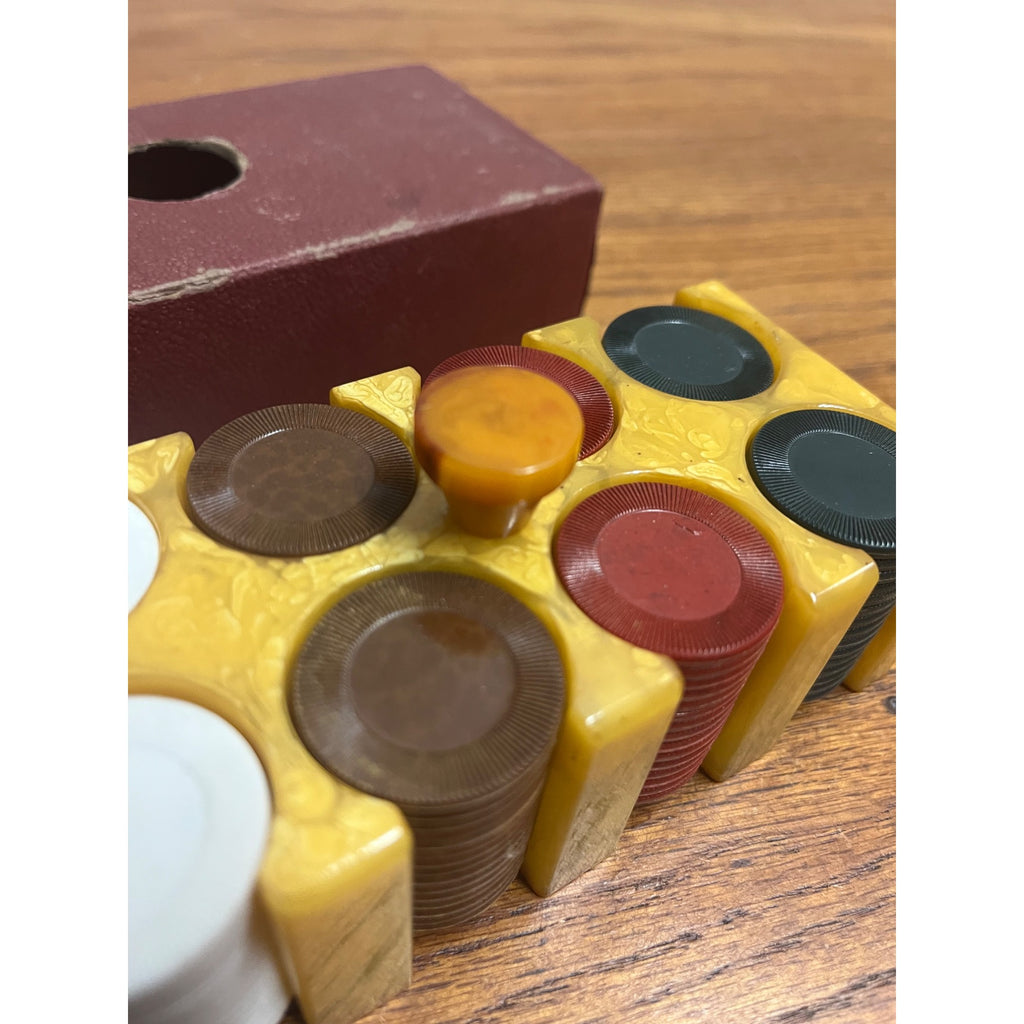 Vintage Marbled Butterscotch Catalin/Bakelite Poker Chip Caddy w/ Chips