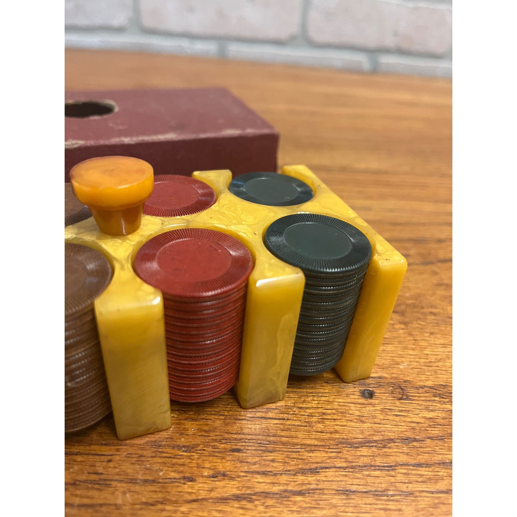 Vintage Marbled Butterscotch Catalin/Bakelite Poker Chip Caddy w/ Chips