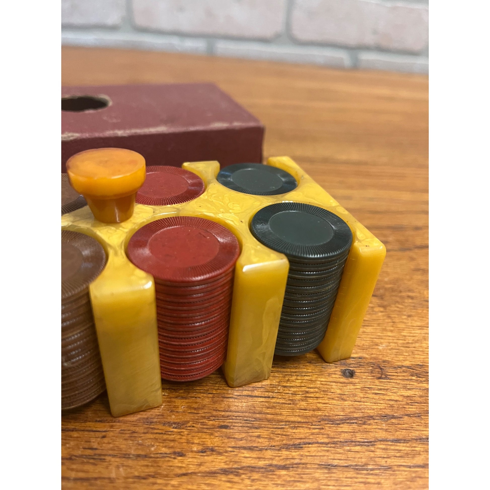 Vintage Marbled Butterscotch Catalin/Bakelite Poker Chip Caddy w/ Chips
