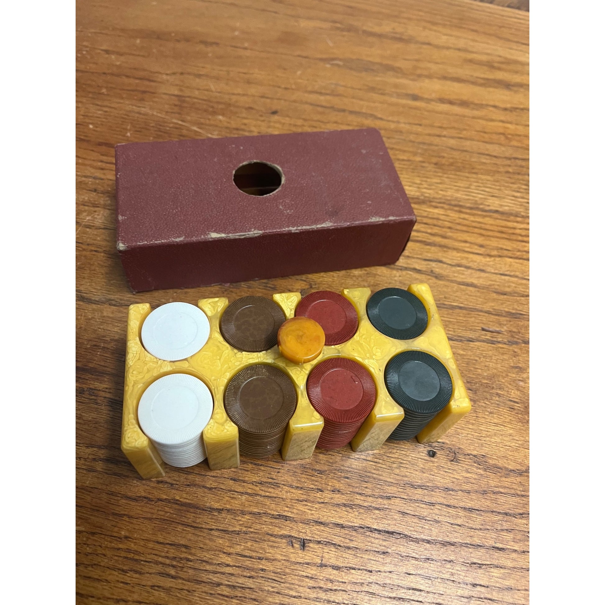 Vintage Marbled Butterscotch Catalin/Bakelite Poker Chip Caddy w/ Chips