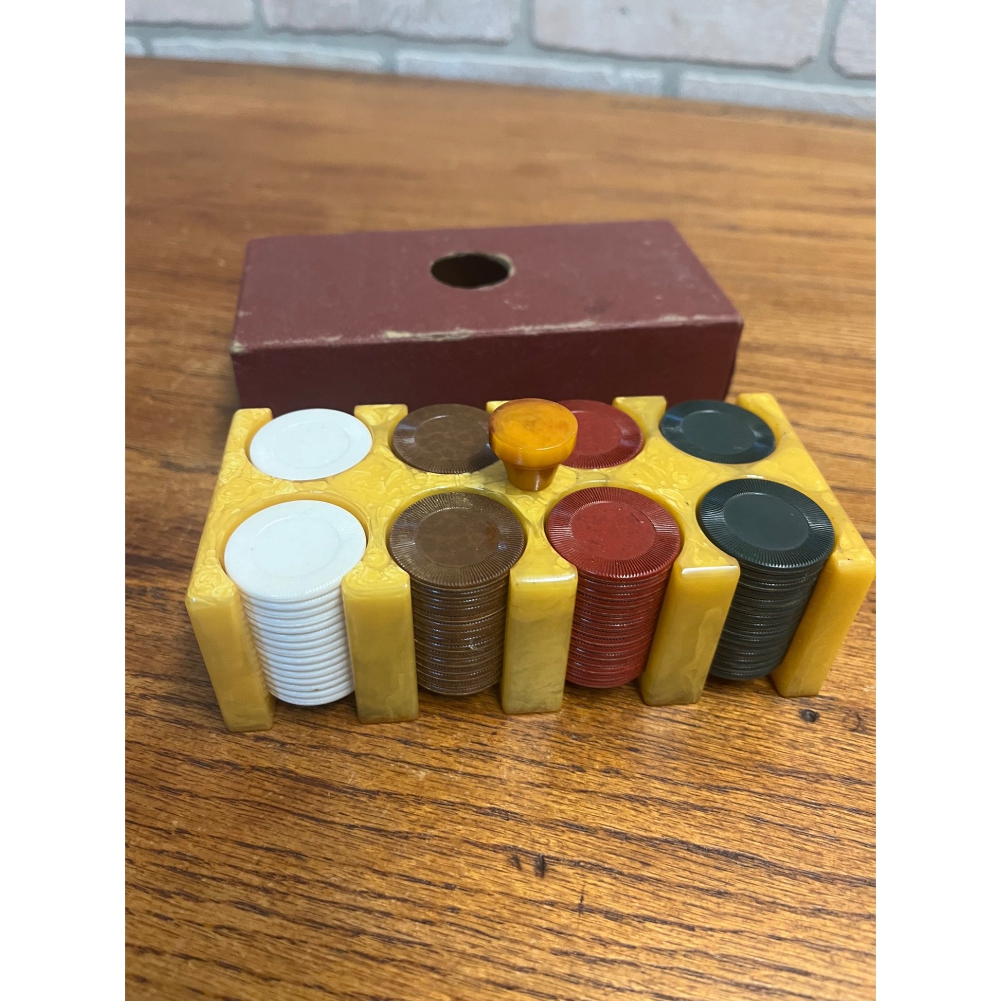 Vintage Marbled Butterscotch Catalin/Bakelite Poker Chip Caddy w/ Chips
