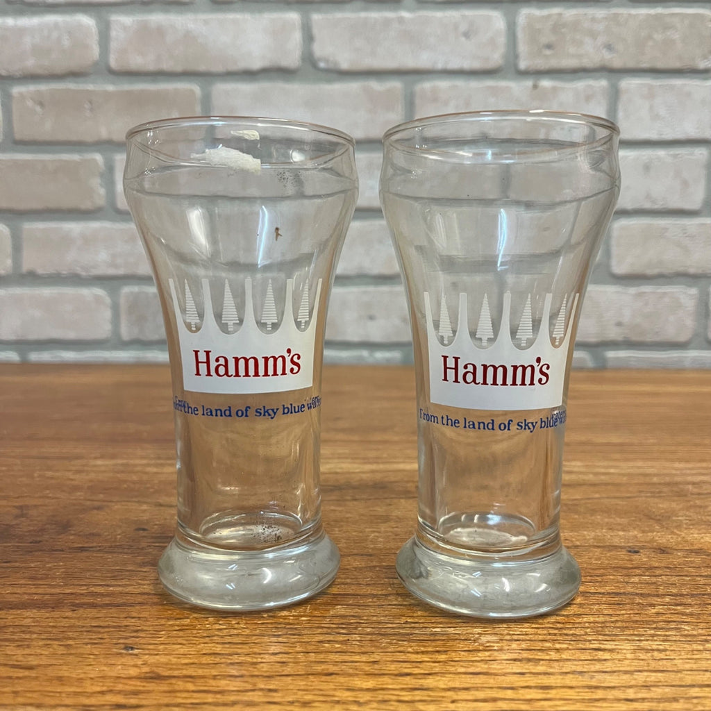 Vintage Hamm's Beer Pilsner 5.75" Glasses Lot (2) White Crown Land of Sky Blue Waters